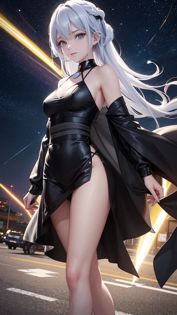 WZRYhuamulanRXZQ, 1girl, solo, long hair, dress, white hair, bare shoulders, multicolored hair, hair ornament, bangs, lips, asymmetrical gloves, breasts,  orange eyes, <lora:WZRYhuamulanRXZQ:0.75>,cityscape, night,looking at viewer, mature female, thighhighs, hand on hip, cowboy shot,