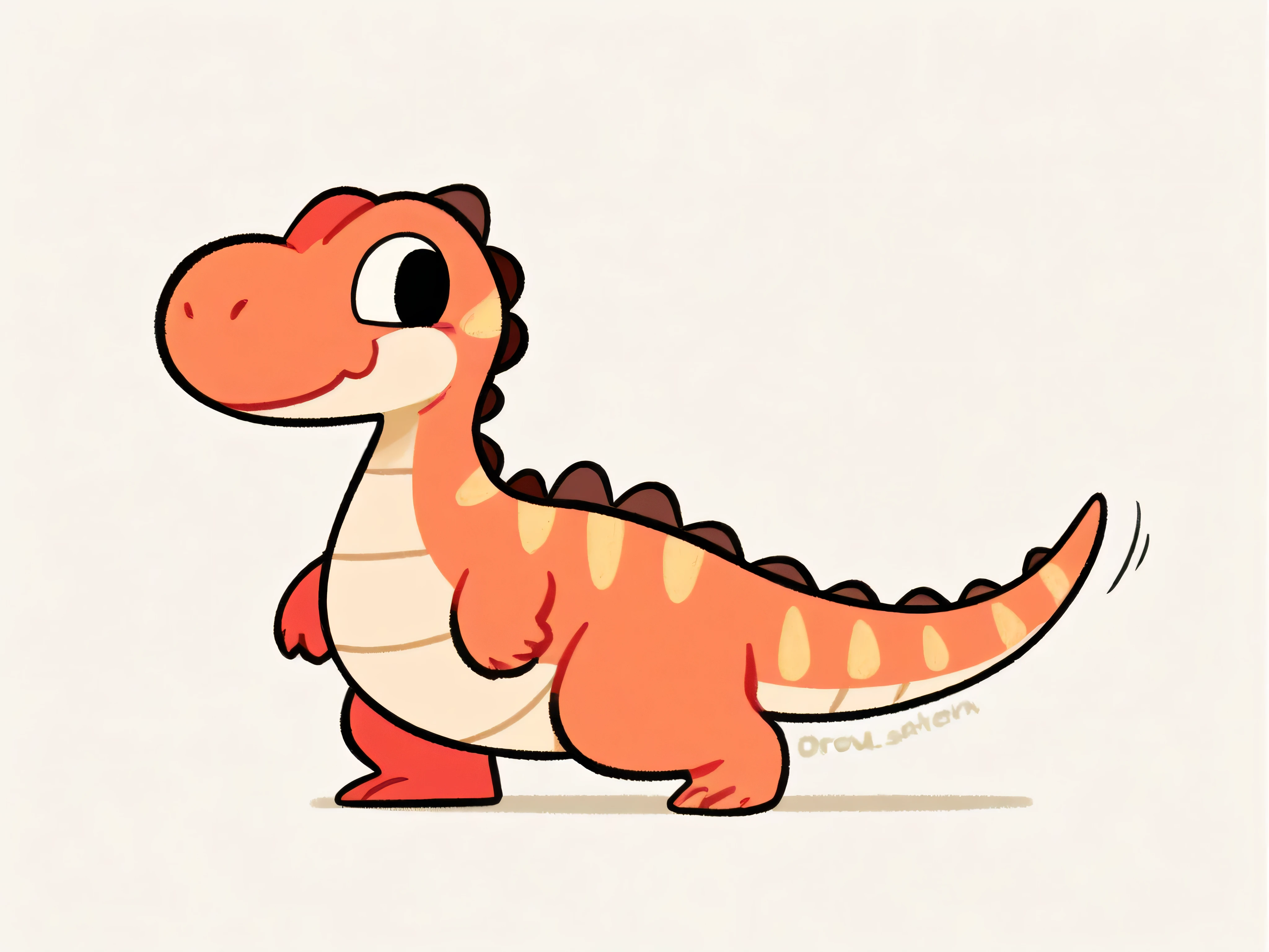 "Draw a cute, cartoon-style dinosaur with simple, rounded features and a big smile. The dinosaur should have a chubby body, small arms, and a long tail, drawn with bold black outlines and minimal details. The design should be playful, with the dinosaur looking friendly and joyful. The background should be very simple or empty, focusing on the dinosaur as the main element, leaving plenty of space for coloring. The entire image should be in black and white with thick, bold outlines, designed specifically for ren to color.