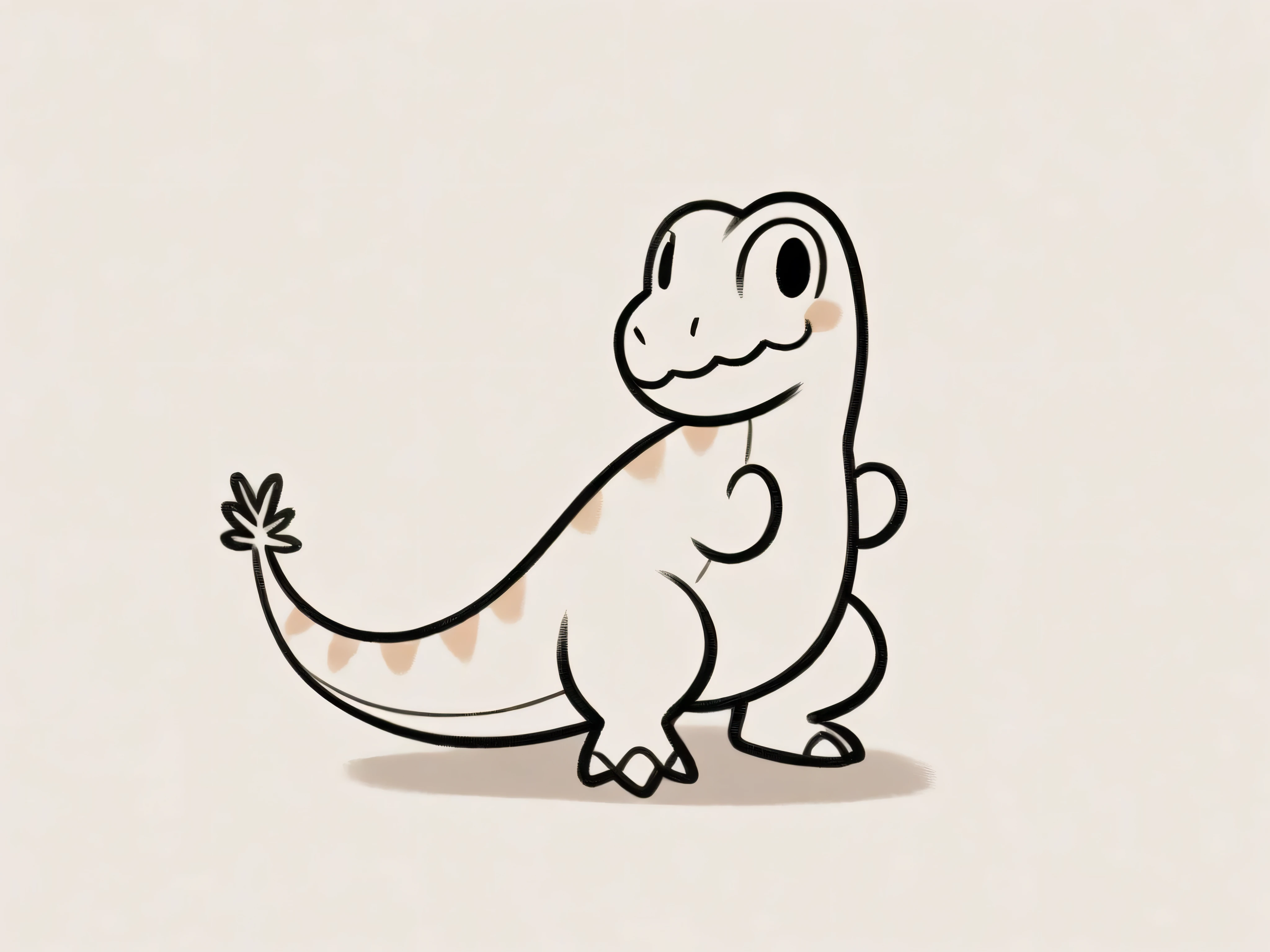 "Draw a cute, cartoon-style dinosaur with simple, rounded features and a big smile. The dinosaur should have a chubby body, small arms, and a long tail, drawn with bold black outlines and minimal details. The design should be playful, with the dinosaur looking friendly and joyful. The background should be very simple or empty, focusing on the dinosaur as the main element, leaving plenty of space for coloring. The entire image should be in black and white with thick, bold outlines, designed specifically for ren to color. There is a beatifull simplistic forest around him
