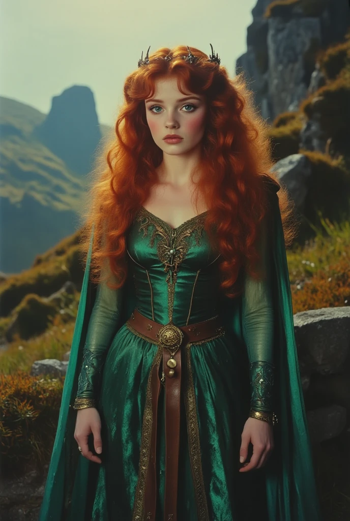 princesa medieval ruiva de cabelos longos, na floresta com um vestido de seda verde