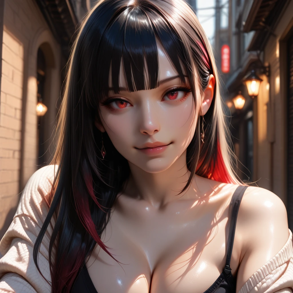 Red-haired、goth_punk, 1girl in, solo, medium shot, Walking in Harajuku, ((during night)), bokeh dof, Neon light, Iridescent eyes, starrysky, Red glowing hair, White eyebrows, Radiant hair, (iridescent white hair), earrings, bangss, jewely, masks, bluntbangs, verd s eyes, Mouth mask, blurry backround, bblurry, hair adornments, Look at viewers, shorth hair, portraitures, side locks