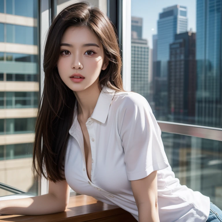 ((top-quality、8K分辨率、tmasterpiece、Portrait:1.3)), Photorealsitic, foco nítido, high-level image quality, A high resolution, Portrait, Solo, (1人の女性:1.5), jpn, Beautuful Women, 30 age old, bob hair, (Wrinkles at the corners of the eyes:0.1), (Shirt lift:1.6)、(Show off your breasts :1.5) , Business suits, white  shirt, (Inside the office、Cityscape、Desk work)、