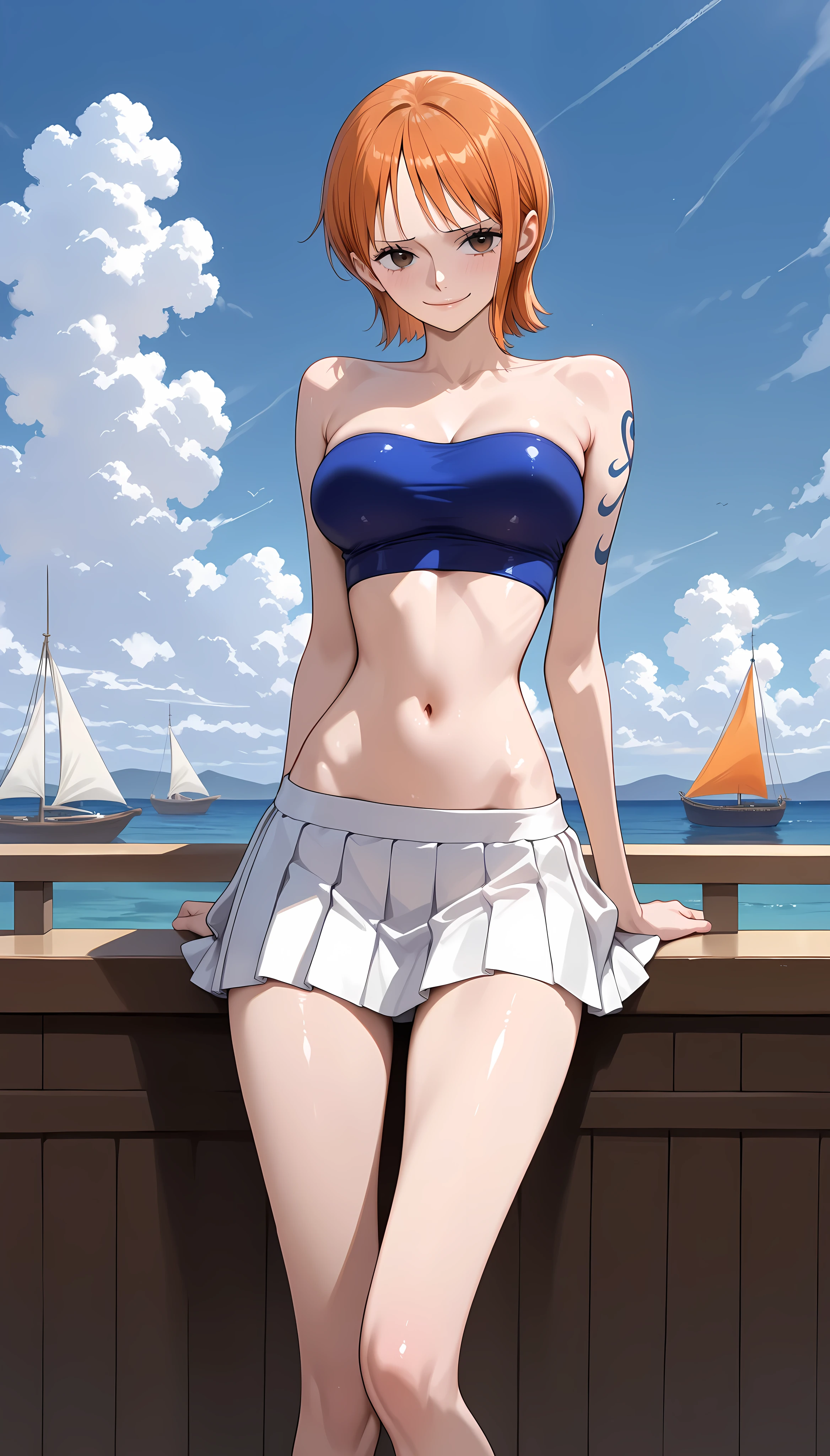 An arafe woman wearing a bikini top and super miniskirt and holding a sword, Squatting with M-shaped legs、White shorts visible under the miniskirt、nami one piece, beautiful portrait of nami,White panties visible from the miniskirt、Squatting with M-shaped legs、 Nami of one piece,Nami in super miniskirt, Detailed Digital Anime Art, Cute exirobat showing white pants, Very detailed ArtGerm haha, deviantart artstation cgscosiety, realistic bikini, Swimsuit, fanart best artstation, ArtGerm. high detailing