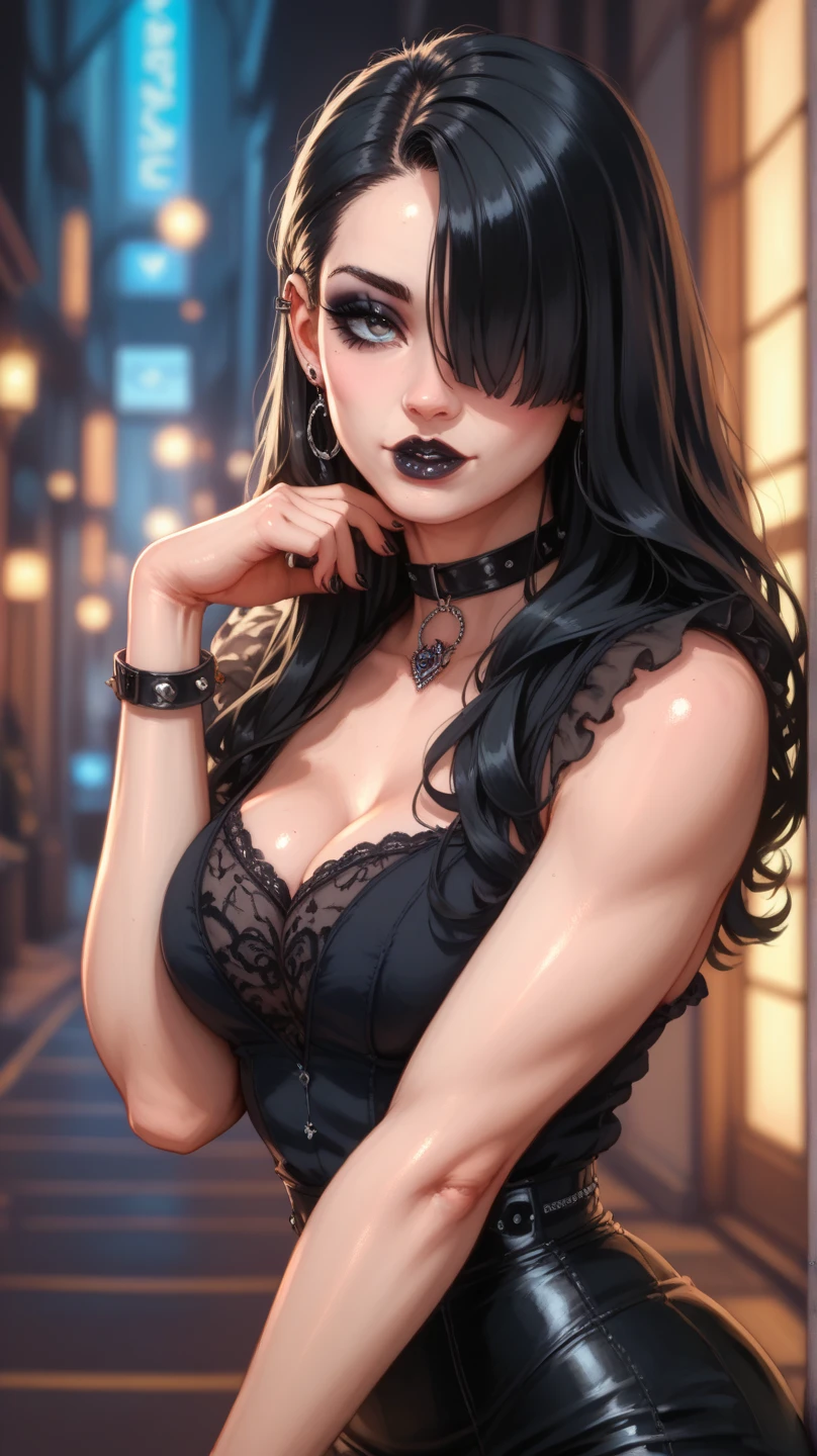 A beautiful vampire with long silky black hair, blue eyes, round face, white face, large bust, a gothic and sadistic vampire, malicious look, showing vampire teeth, standing in a dark alley looking, very dangerous, Dutch angle