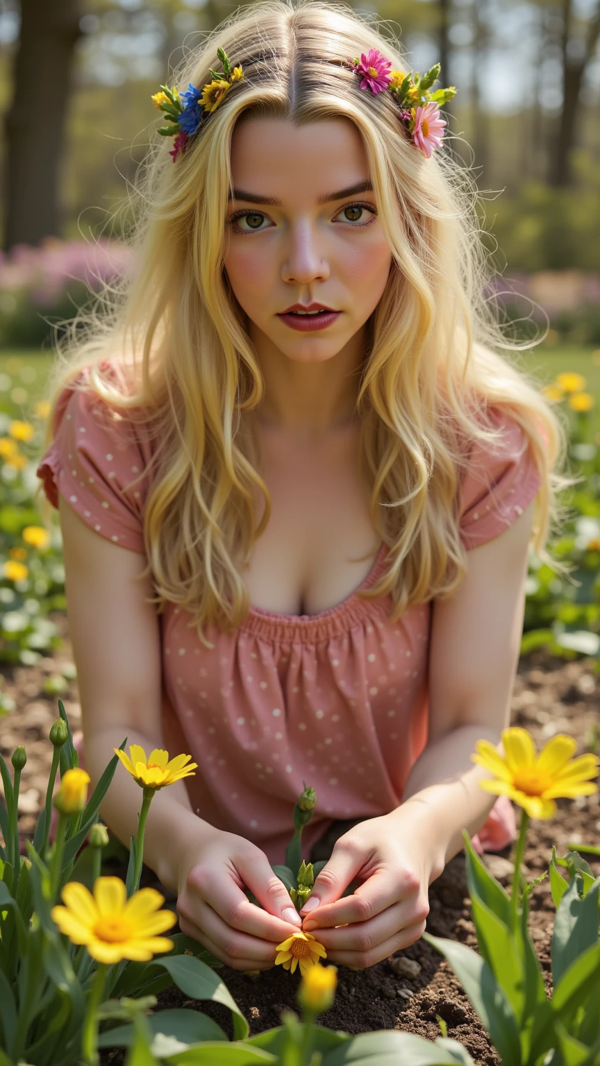 (best quality,4k,8k,highres,masterpiece:1.2),ultra-detailed,(realistic,photorealistic,photo-realistic:1.37), blonde girl nude, (nude showing her tit),portrait,pale skin,beautiful detailed eyes,freckles, lovely smile,lush yellow hair cascading down her back,curvaceous figure,barefoot in a lush garden,soft sunlight illuminating her,subtle shadows playing on her skin,ethereal atmosphere,colorful flowers blooming around her,delicate petals floating in the air,golden hour lighting casting a warm glow,serene and natural surroundings,subtle breeze gently rustling the leaves,peaceful and calm ambiance.