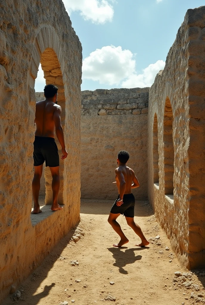Sexy hot teen guy with a tanned body wearing a fit boxer short is sitting on another boy's back who is crawling on all fours and carrying him at a little clay house