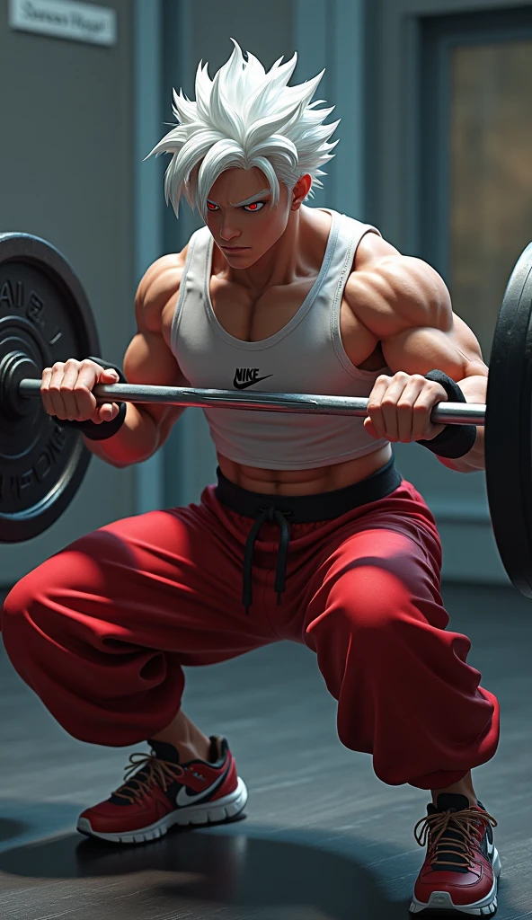 (Eine detaillierte Zeichnung von goku, Bodybuilding-Fitnessstudio.), With a naked torso, Ripping clothes, the strongest of all, huge muscular body, big Bizeps, big shoulders, Muskelbeine,Abs, Barefoot, Kampfkunst, hoher Tritt, Full body image, Rear view, seitliche Brust, knirschen, beserk 
