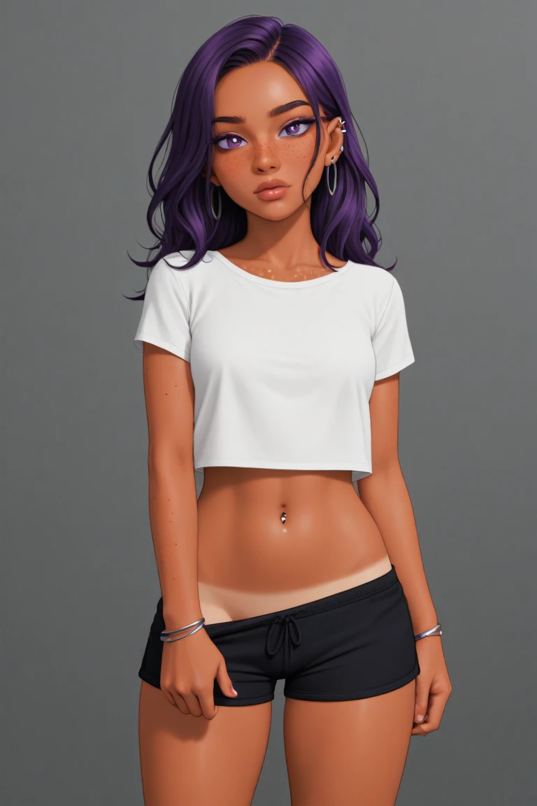 Masterpiece, hi res, absurdres, Best Quality, 4K, detailed, HD,score_9, score_8_up, source_anime, solo, male, girly, androgynous , Orange hair, curly elbow length hair,curvy, thick, Big ass,crop top, yoga pants,curvy, bulge, large bulge, genitalia outline,prominent lips, red lipstick,thick, olive skin, tanned skin, looking at viewer, tattoos on body, lots of tattoos, dark skin , bedroom