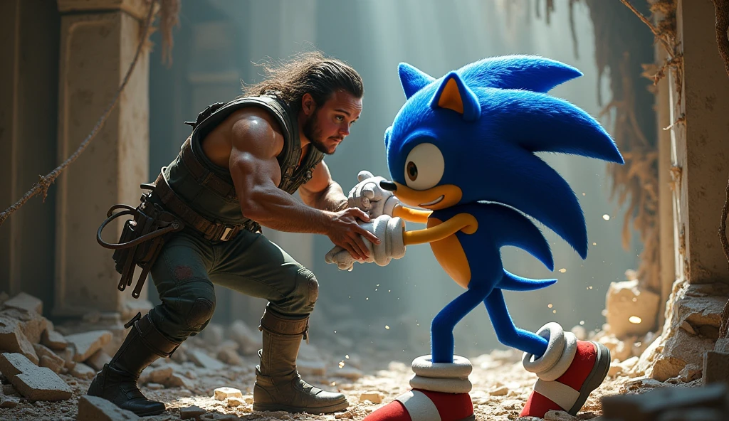 Wolverine shaking hands with  Sonic movie character photo realistic 