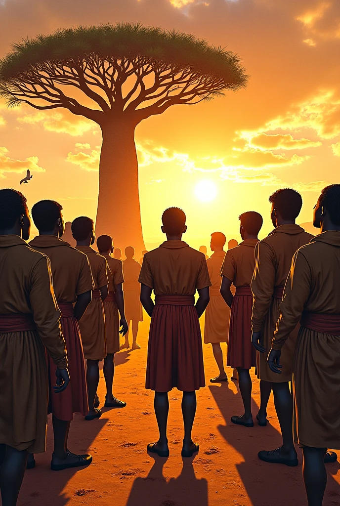 a CD cover containing images of young black people reflecting on a day when their difficult reality was good, black boys looking at a horizon of vegetation, sun, helicopter, people talking, religious people of African origin, realistic