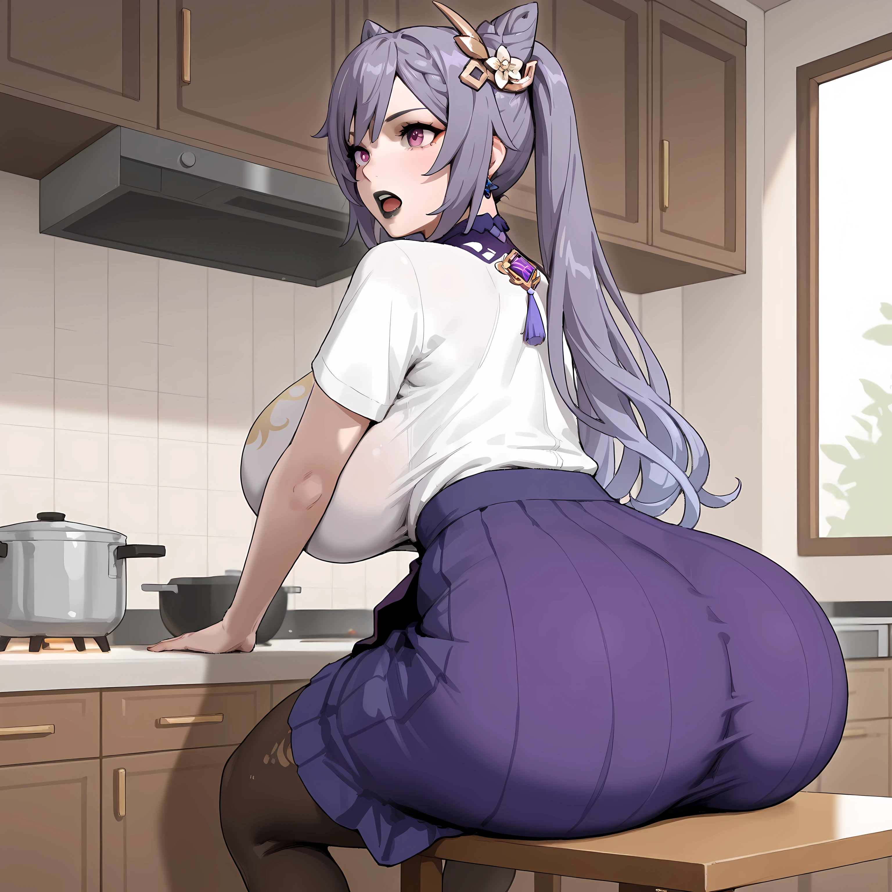 Genshin impact,Keqing, big breast, big ass, black lips, full height, sit on table in kitchen, FULLY IN CLOTHES, open mouth, in a skirt