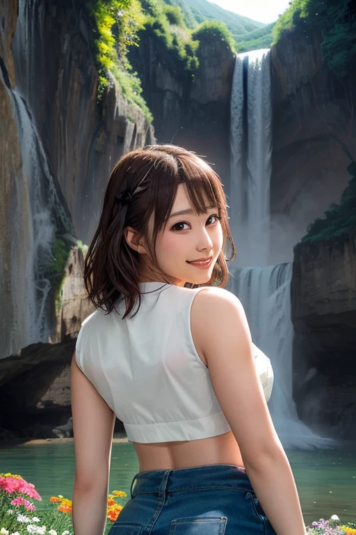 fantasy worlds,Very bright images、Niagara Falls、Grand Canyon、wear chain mail,Japan beautiful women,You can see cleavage.,The navel is visible,Thighs are visible,short hair,&#39;s,big breasts,huge breasts,looking at viewer,(full body:1.1),(cowboy shot:1.1),smirk,evil smile,seductive_smile, ,&#39;a、sterpiece,best quality,ultra detailed,highres,high-resolution,4K,realistic,RAW photo,((real person)),portrait photography,photorealistic,detailed skin,(delicate black eyes )A soothing woman with sagging eyes,Calm and calm, middle hair,skinny,clothing,The wind is blowing,tareme、masterpiece,best quality,ultra detailed,highres,high-resolution,4K,realistic,RAW photo,((real person)),portrait photography,photorealistic,detailed skin,(delicate black eyes ), A soothing woman with sagging eyes,Calm and calm, middle hair,skinny,clothing,The wind is blowing,tareme、((chest is glistening with sweat))、((crotch is glistening with sweat))、Realistic Skin