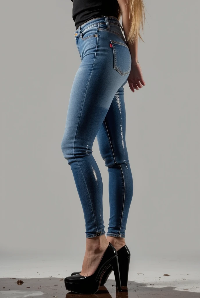 A close-up view of a woman in a white button-up shirt and a pair of blue jeans; in front of the wall; cinematic lighting; HD; twerking
