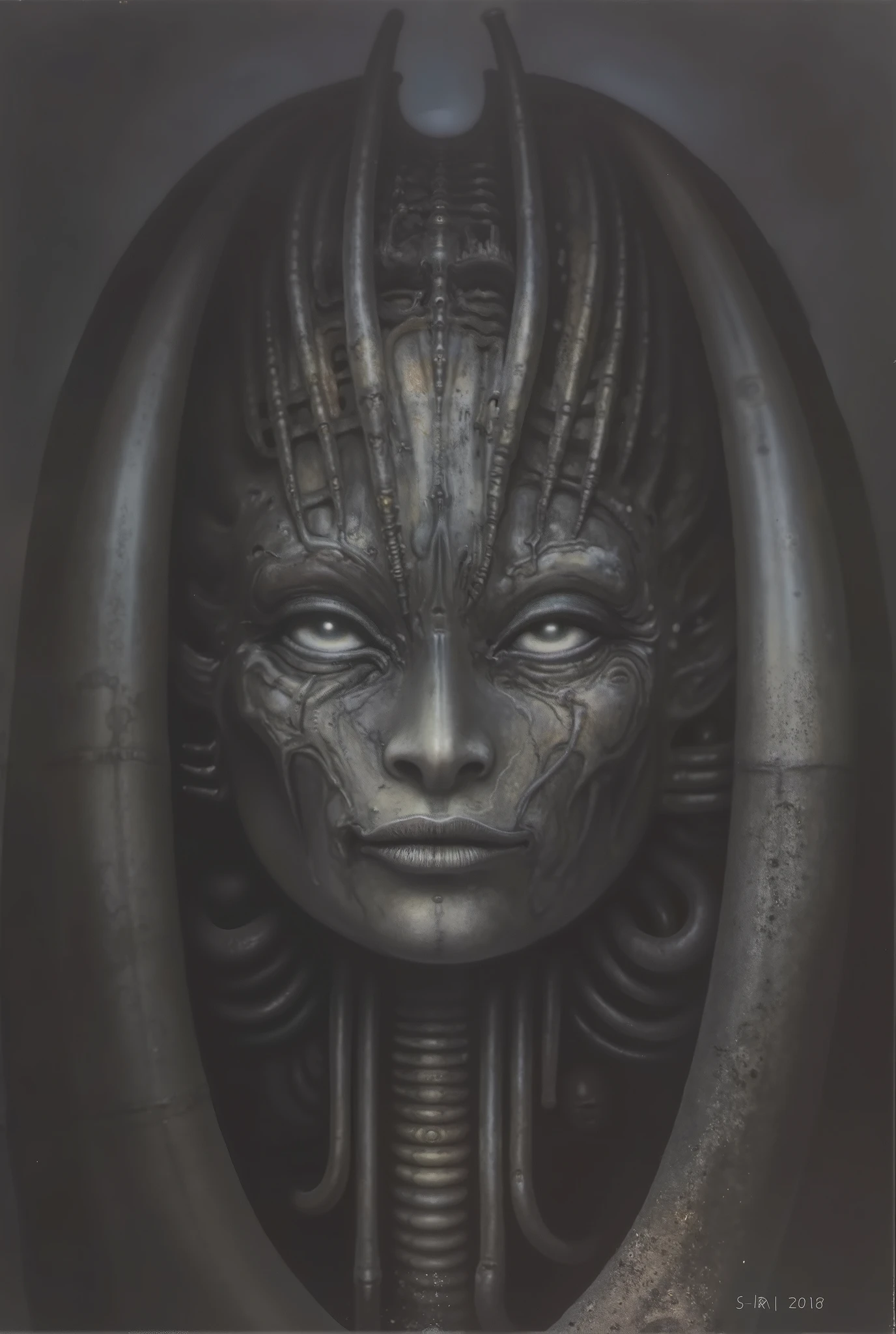 Please reproduce the original image as accurately as possible, capturing the intricate details of the biomechanical structures, the dramatic lighting, and the overall sense of unease. .(best quality:1.4)..The final image should evoke the same sense of awe and dread as the original artwork by H.R. Giger,, (best quality:1.4), H.R. GIGER, BY GIGER, a mural depicting a antient dark god with dark powers connected to death and darkness, tendrils stretch from there fingertips, monsters lay at there feet, it is the mother of monsters, she feeds the monsters via tentacles on her fingertips, mother of all monsters, codex, her eyes shine, golden details, she feeds monsters
The space in this H.R. Giger artwork is solved through a dense, claustrophobic layering of biomechanical forms and intricate details. Fooreground Dominance:. The composition is heavily weighted in the foreground, with the viewer plunged directly into a tangle of organic-mechanical structures. This immediate proximity creates a sense of immersion and unease.
Overlapping and Intertwining: Forms overlap and intertwine, obscuring any clear sense of depth or perspective. This layering creates a sense of complexity and suggests a vast, incomprehensible network of interconnected parts.
Lack of Negative Space: There is minimal negative space, with the composition filling the frame almost entirely. This contributes to the oppressive and claustrophobic atmosphere.
Emphasis on Texture and Detail: The intricate details and textures of the biomechanical forms, rendered with meticulous precision, draw the viewer's eye and further contribute to the sense of density and complexity.
Directional Lines and Curves: The lines and curves of the tubes, pipes, and organic shapes guide the viewer's eye through the composition, creating a sense of movement and visual.
, symmetrical, perfect, allegory of sin,evil, darkness, big painting, stored in Louvre