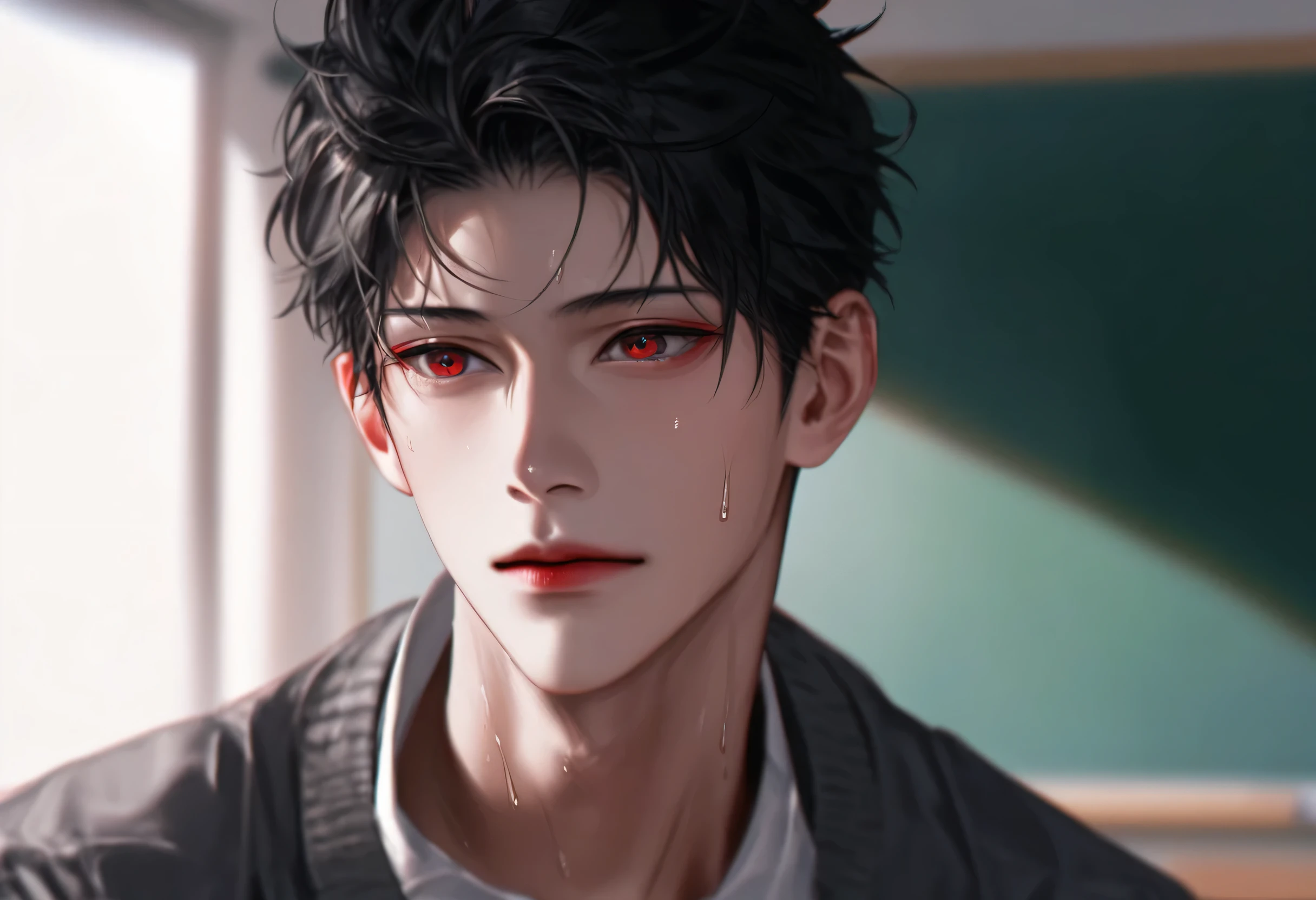 A boy,School Classroom Background,Stand Up Straight,red hair,Korean comic style,hair, red eyes,Young and energetic, Good Condition Korean School Uniform Gray School Uniform, Strong , Very handsome, Smooth skin , very handsome face,Tattoo,wet hairstyle ,Sweating Sweating ,pant,charming eyes, Very handsome,,look in the mirror