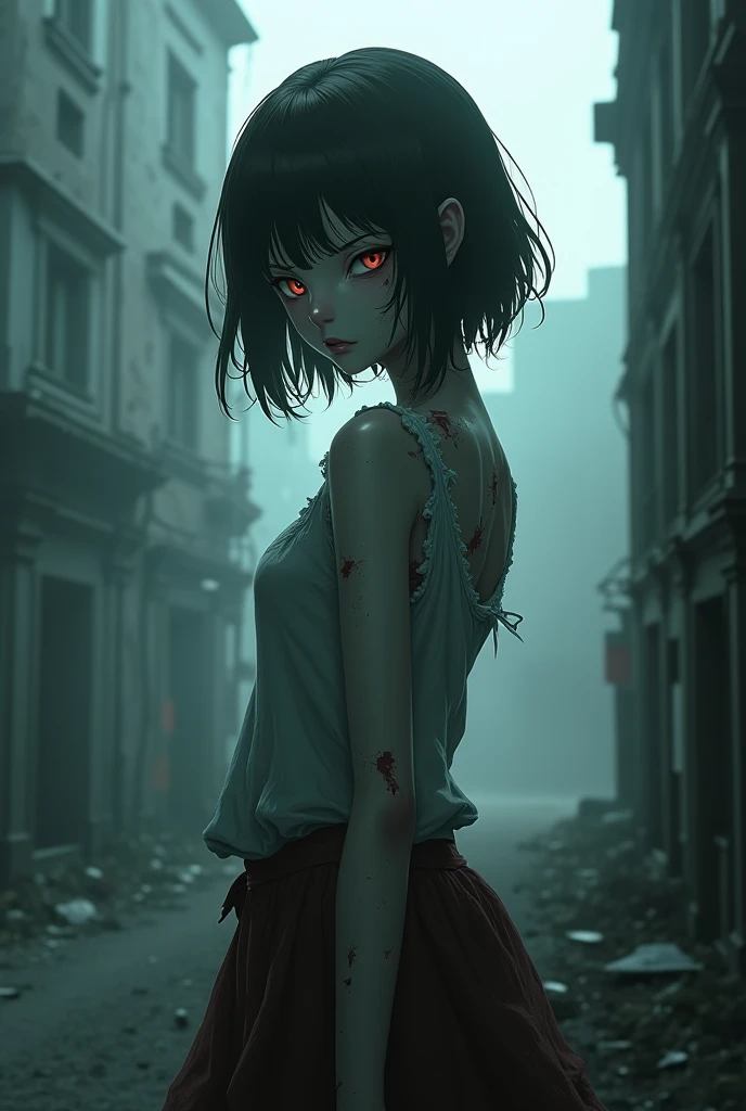 1girl, cute, young, wearing a ripped dress, apocalyptical, destruction, eerie atmosphere, (masterpiece, best quality), official art, shading, cinematic lighting,