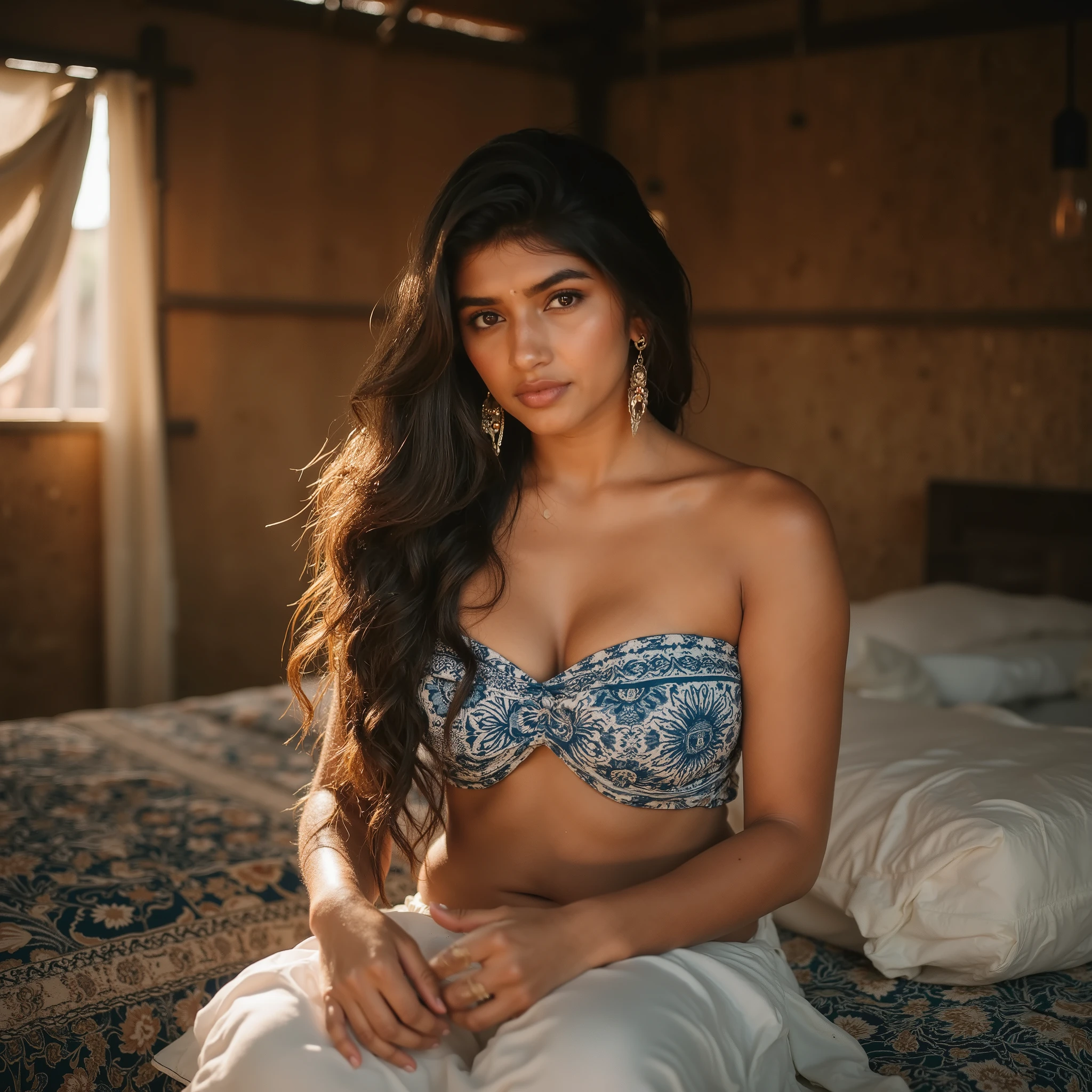 Shoot from a distance, Inside a sunlit straw hut in rural India, sunlight through straw wall gaps, a sensual scene unfolds: a young Indian woman on a Rajasthani-printed bed. a small window, she is wearing blue strapless twisted mini tube top with blue white traditional floral print, intricate and detailed print, and a long. flowing white skirt, she has very big breasts, her oiled skin glistening under the intense light. Busty big strong women, The focus is on her beautiful navel and glossy, sweaty skin, with messy bedclothes adding to the intimate ambiance. Lighting emphasizes the rustic straw textures. Large room