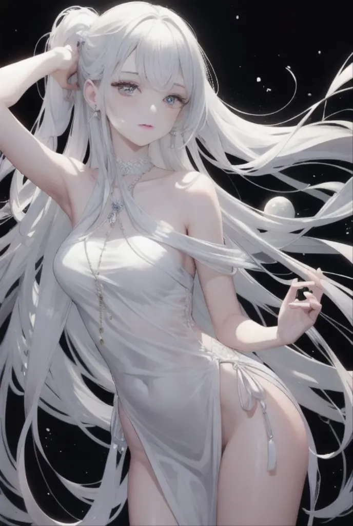 Light purple gradient hair,asymmetrical hair,((Thick hair 1.8,chiseled head 1.6)), Shoulder-length hair, messy hair, Very long hair, shiny hair,(long gray hair:1.2),A beautiful girl,(Luxury platinum mini short platinum lolita,Made of transparent material),(Transparent clothes transparent 1.8),Perfect body,Navel,Big thin legs,Slim,(看起来很sad,Haggard face ,sad,shut your mouth:1.2) Against the background of an unusually bright dark starry sky,(Put your hands behind your back),(round,Room, Firm breasts),barefoot,float,water surface,(Long legs,Long legs,Long legs,Gestalt),full-body shot。