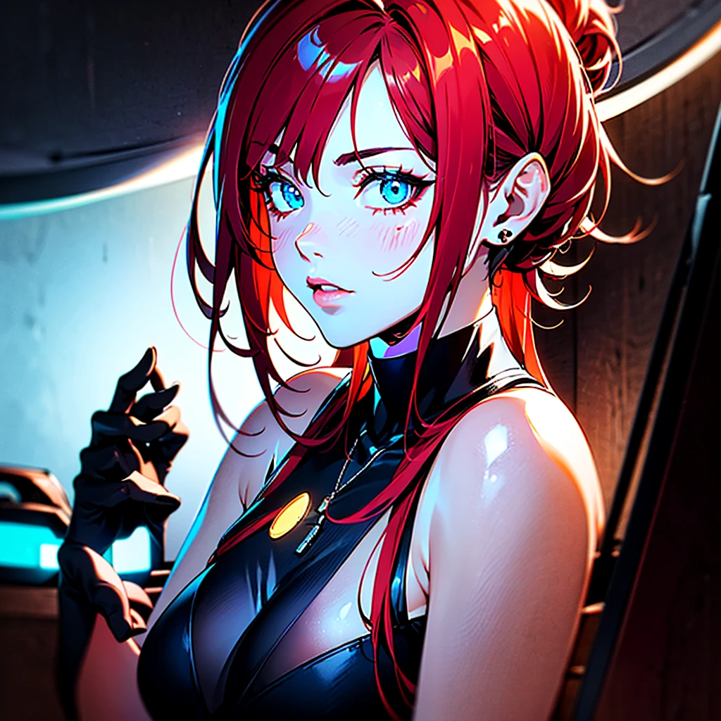 anime girl, beautiful detailed dark red hair in a ponytail, extremely detailed big blue eyes, beautiful detailed face, beautiful detailed lips, skintight pilot suit, highly detailed, realistic, cinematic lighting, 8k, dramatic lighting, dynamic pose, volumetric fog, photorealistic, masterpiece, hyper detailed