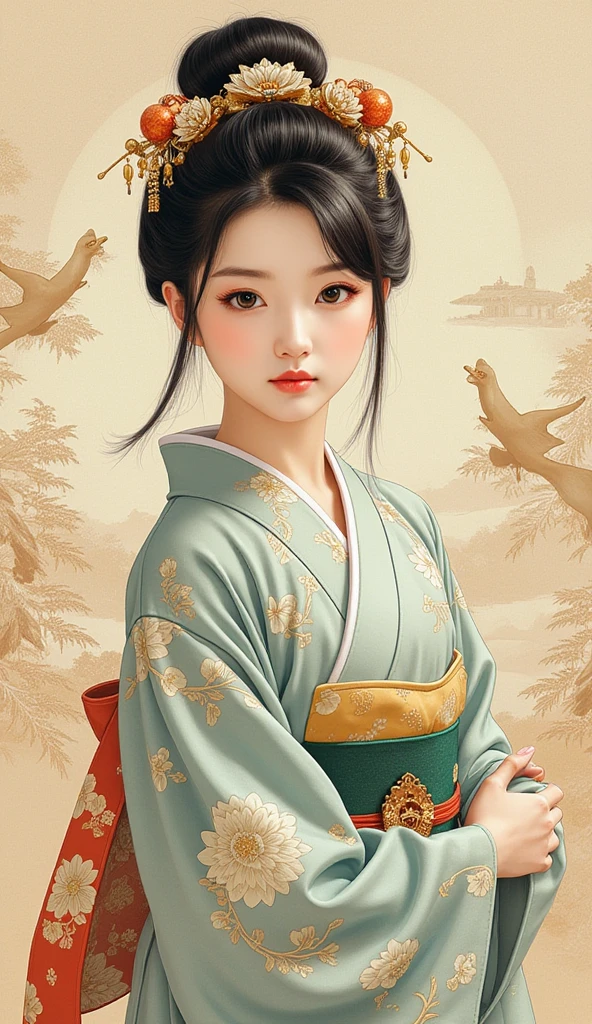 the detailed proportions and textures brushed multicolored and softened with airbrush, a semi-realistic Chinese ink illustration A traditional young Japanese girl from the Edo period is shown wearing traditional Japanese attire (kimono) where her clothing is dominated by beige-white tones, with a dramatic contrast with the bright colors of the character and the warm, matte colors of the background (highly detailed full body and shy pose, perfect face, innocent look (with eyes turquoise shines), thick thighs, round and huge breasts, wide hips, slim and high waist, flat stomach) Her hair is styled in an elaborate updo adorned with intricate hairpins and ornaments. The kimono she wears is richly decorated with floral motifs in shades of white, gray, and silvery blue, with visible layers of fabric, and a green sash. The overall style is elegant and refined, capturing the essence of traditional Japanese art with a modern twist. The background is a landscape with the saturation of the Nihonga (Japanese) style, which draws attention to the subject and gives depth to the illustration. saturation in the very defined color palettes (color with monochrome shading and bright shades of red 25 % + yellow 25 % + blue 25% + biofluorescent 12.5% + transparencies 12.5%). aesthetic fusion by (fibonacci ratio. a poupée realistic of a young Michelle Yeoh. A young Japanese girl has pink skin with beige-brows tones that give her contrast and brightness type of character. fluid texture of thin, thin fabric that molds to your figure (her clothes with relief and folds give volume and depth to the character) style. Haute couture photo shoot (with a pose that gives the sensation of movement and energy with shy style). soft focus, highly detailed and sharp, Approaching perfection, full hd 8k, High and low angles. of Milo Manara, Gianni Versace, coco chanel, Alberto Vargas, Greg Rutkowsk art style