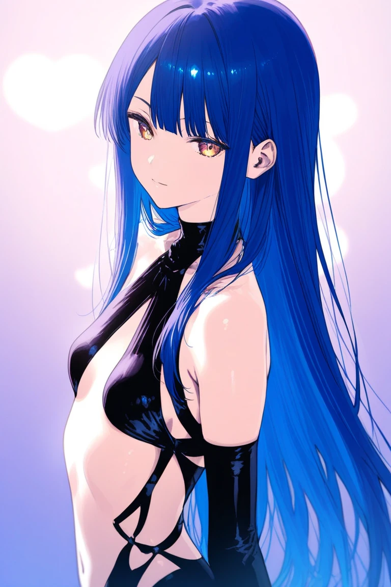 score_9, score_8_up, score_7_up, outlines, (chibi:0.6), woman, 1girl, long hair, multicolored hair, black hair, sidelocks, blue hair, wavy hair, naked, scars on back, big scar on the center of her back, standing, hands on own ass, from behind, ass, medium breasts, closed mouth, smile, blush, upper body, nsfw, white background