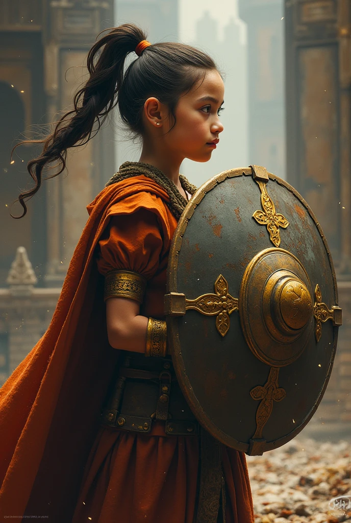 Photo realistic a young child with dressed in ornate, golden armor Kavach Kundal, The child is holding a detailed, intricately designed bow,  an arrow. The background depicts a dramatic, cloudy sky with lightning, and a battlefield scene with soldiers on horseback. The child has curly, dark hair blowing in the wind, and a red mark on their forehead. The image has a cinematic quality with vibrant colors and dynamic lighting,8k, hyper realistic 