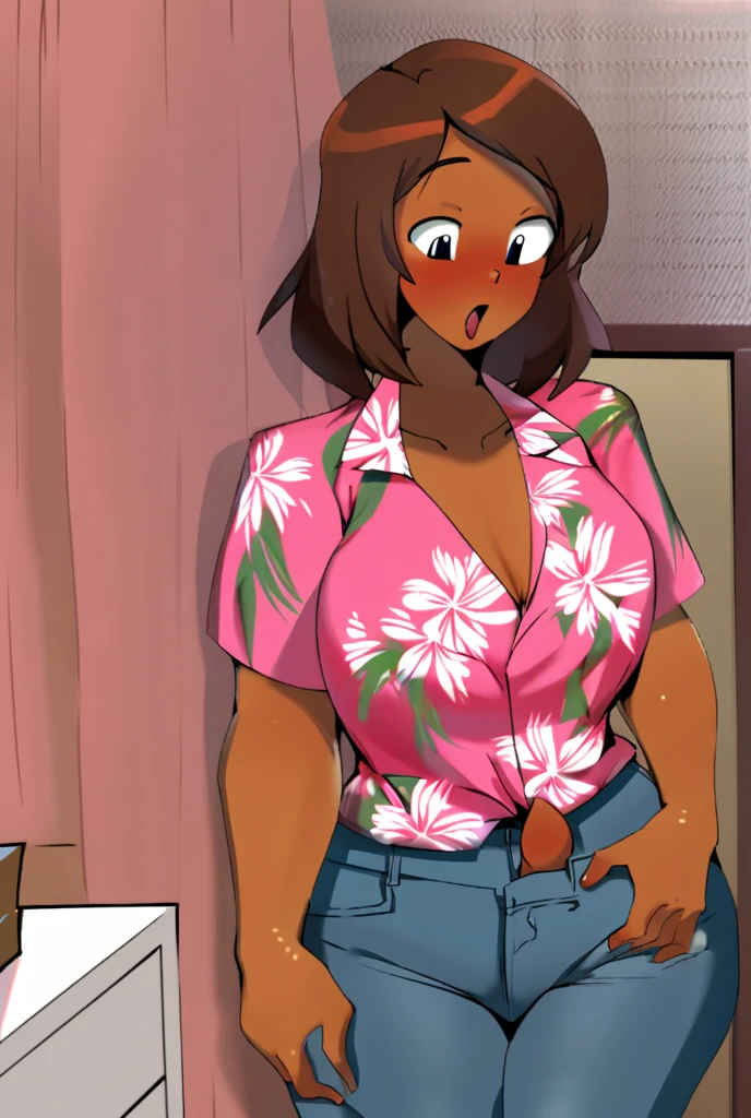 Solo, female, dark skin, black skin,  bang hair cut,  covering left eye, short hair, (highlights in her hair, hair highlights), plump lips, light brown hair, dark brown eyes, straddling pov, curvy, thicc, smooth skin, strong chin, (looking to the side, freckles all over her body), striped grey and brown turtleneck sweater, thong, cameltoe, bitten lips, amorous posing:
