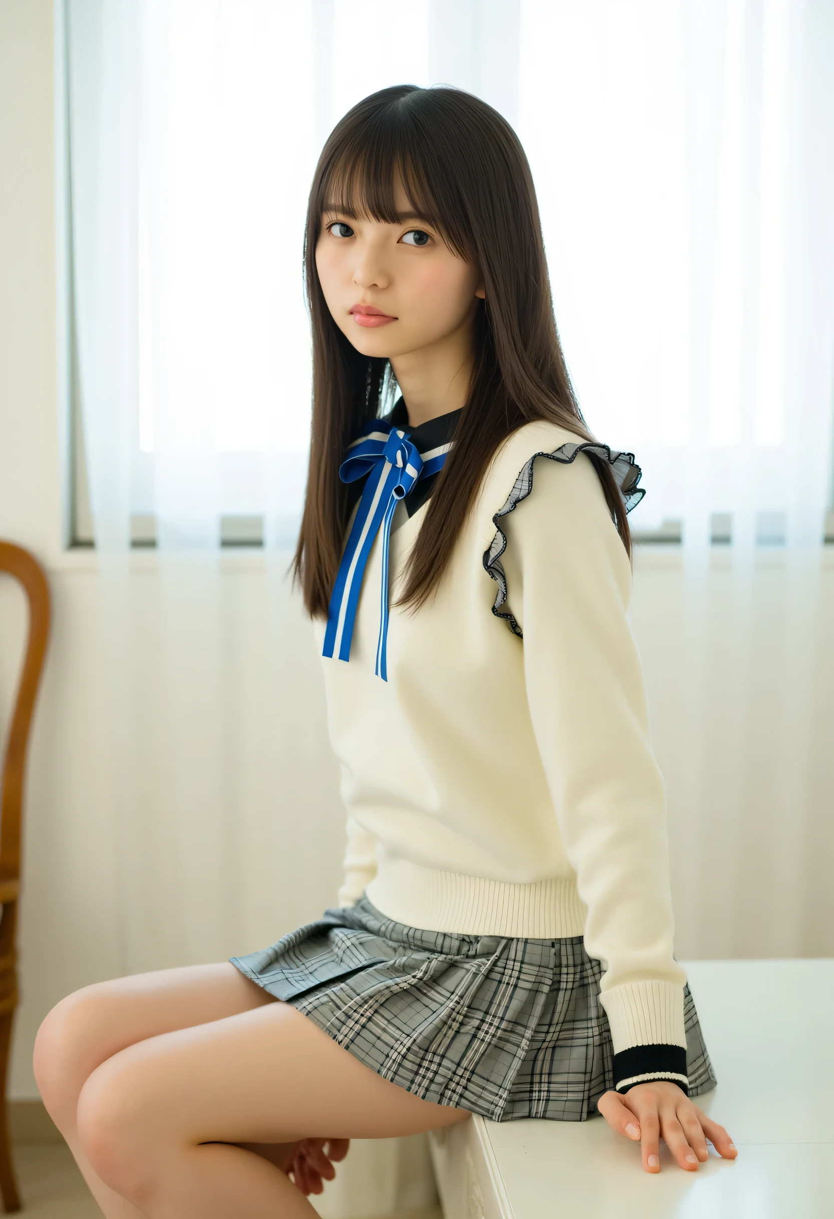 A young woman named Asuka. she wears a white sweater vest with a black collar and a blue tie. she has long straight brown hair with bangs、Put one hand on your lower back、 is posing with her other hand on her thigh, And her skin is pure white . She is barefoot, Her feet are clean and well-maintained . The woman also wears a plaid mini skirt . The window behind her has white curtains 、 chair in the background . She was sitting on a chair, The bright lighting makes this woman look very fair .