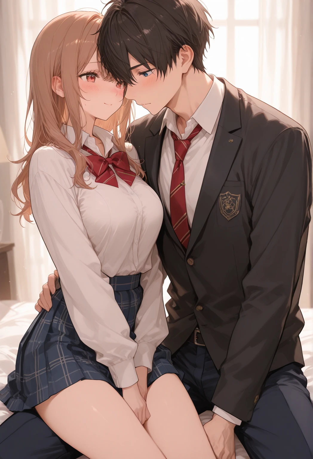 Anime characters, couple, anime boy, teenager and short, having fair skin and brown hair, he is hugging an anime girl, teenager and tall, having fair skin and blond hair, she hugs the boy, both look at each other passionately, the boy is shorter than the girl, the girl is taller than the boy.
