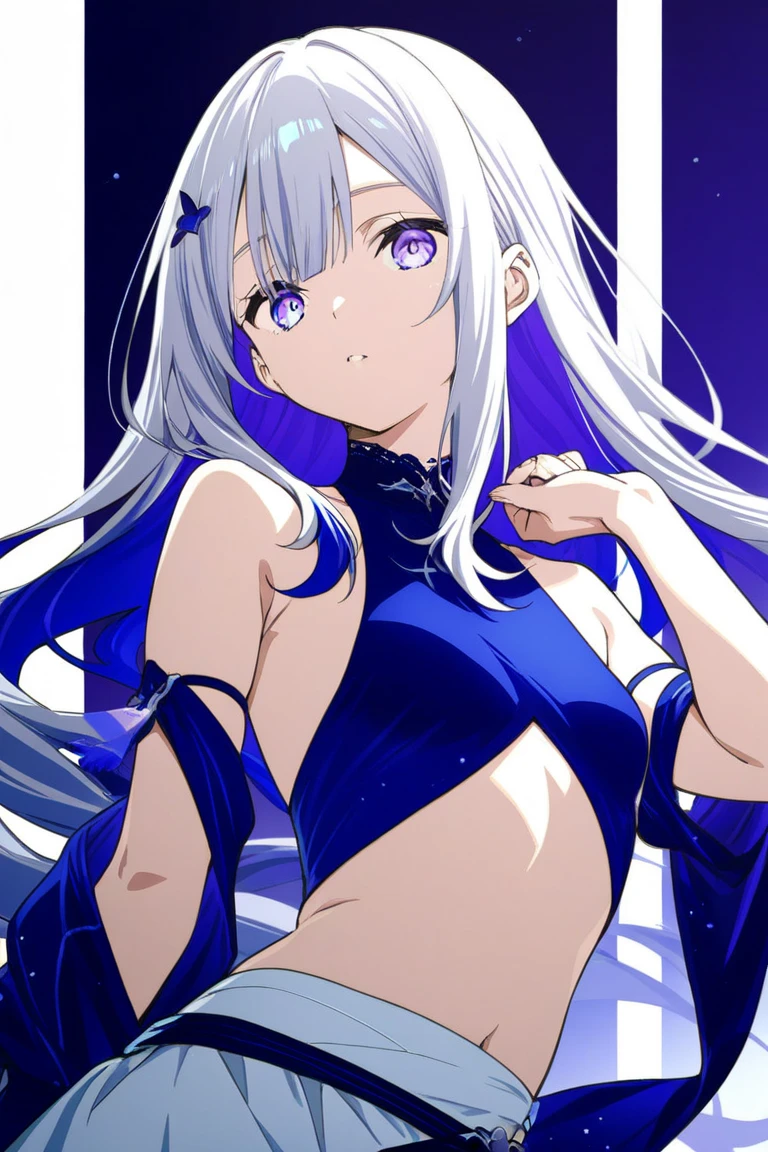 Lilac gradient hair,Asymmetrical hair,((Very voluminous hair 1.8,Hair is well-defined1.6)), hair over shoulders, Messy hair, Very long hair, Shiny hair,(Long hair:1.2),a beauty girl,Luxurious purple miniskirt,Made of transparent material,(Transparent clothes transparent 1.8),perfect bodies,Tall and tall,slenderness,(Looks sad,face drawn and pale,grieves,closing the mouth:1.2) Set against the backdrop of an unusually brilliant dark starry sky,(On your stomach,One hand supports his head),(Round, Medium large, Firm breasts),Barefoot,afloat,waterface,(long leges,long leges,long leges,Perfect leg shape),fully body photo。