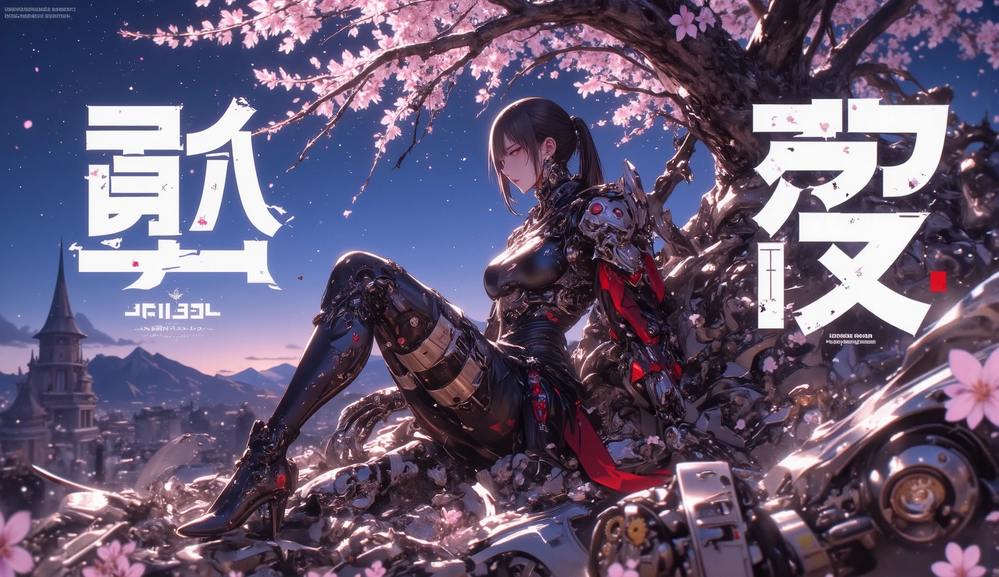 Cherry blossoms, beautiful night sky, A beautiful women with very short ponytail, she is a samurai, wearing a mechanical samurai clothing, she is holding a Japanese sword with mechanical gimmick, transience, after the battle she is sitting on the battlefield, extremely detailed, incredibly absurdres, ultra high resolution, perfect anatomy, realistic, perfect detail description, hkmecha