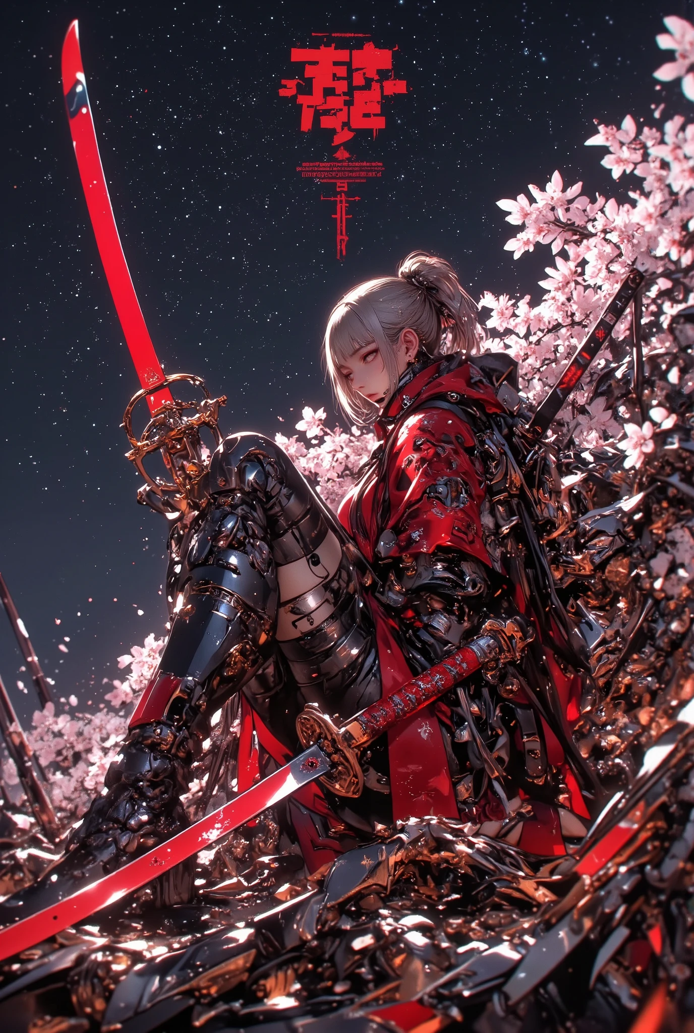 Cherry blossoms, beautiful night sky, A beautiful women with very short ponytail, she is a samurai, wearing a mechanical samurai clothing, she is holding a Japanese sword with mechanical gimmick, transience, after the battle she is sitting on the battlefield, extremely detailed, incredibly absurdres, ultra high resolution, perfect anatomy, realistic, perfect detail description, hkmecha, G0thicL1nes