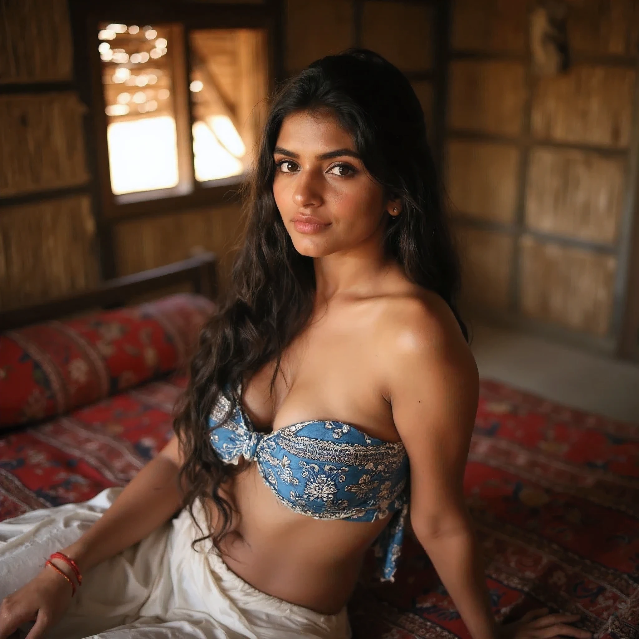 Shoot from a distance, Inside a sunlit straw hut in rural India, sunlight through straw wall gaps, a sensual scene unfolds: a young Indian woman on a dark red Rajasthani-printed bed. a small window, she is wearing blue strapless twisted mini tube top with blue white traditional floral print, intricate and detailed print, and a long. flowing white skirt, she has very big breasts, her oiled skin glistening under the intense light. Busty big strong women, The focus is on her beautiful navel and glossy, sweaty skin, with messy bedclothes adding to the intimate ambiance. Lighting emphasizes the rustic straw textures. Large room, barefoot
