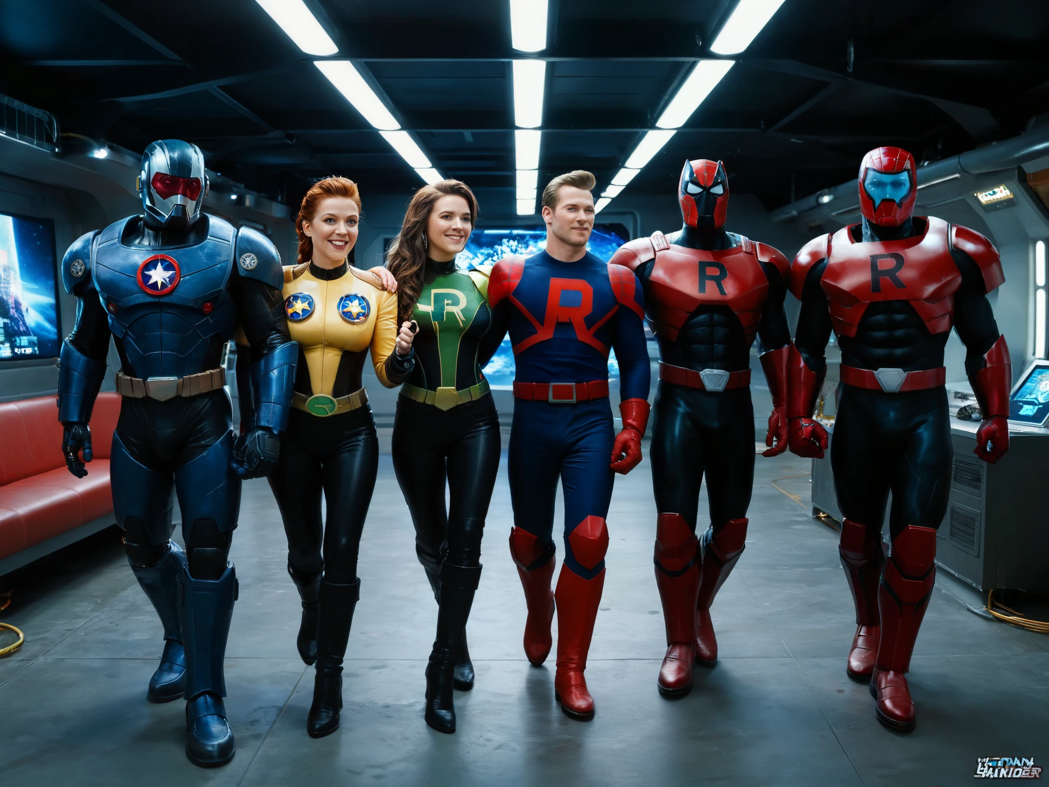 A group of Marvel superheroes gathers in a futuristic space station with a stunning view of outer space in the background. The station is sleek and metallic, illuminated by blue and white neon lights. A massive rocket, prominently displaying the name "Stars Rocket" in glowing letters on its side, stands ready for launch. The heroes are all dressed in their signature costumes but now have a badge on their chest that reads "Stars Rocket", symbolizing their unity for this cosmic mission.
Sequence:
Arrival and Gathering:
Superheroes arrive from different directions—some walking, others flying or teleporting.
They all wear matching "Stars Rocket" badges, glowing faintly on their suits.
They exchange greetings, shake hands, and nod in acknowledgment.
Interactions:
Captain America shakes hands with Iron Man, their mutual respect evident.
Thor claps Hulk on the back while Spider-Man playfully high-fives Black Panther.
Doctor Strange conjures a portal, allowing some heroes to step through dramatically.
Rocket Raccoon points at the "Stars Rocket" badge on his chest, grinning as Groot nods approvingly.
Spotlight on the Rocket & Badges:
The camera zooms in on the bold, shining name "Stars Rocket" as its systems power up.
Close-up shots show the "Stars Rocket" badges gleaming on each hero’s uniform.
The rocket’s sleek design and high-tech interface flicker with energy.
Boarding the Rocket:
The heroes begin boarding in groups, walking up an illuminated ramp leading inside.
Inside, the high-tech control panels, glowing screens, and spacious seating are revealed.
Tony Stark scans his "Stars Rocket" badge, activating the ship’s system.
Final Moments Before Departure:
The countdown begins, and the "Stars Rocket" thrusters glow intensely.
A final shot of the heroes securing their seats, looking determined, their badges glowing