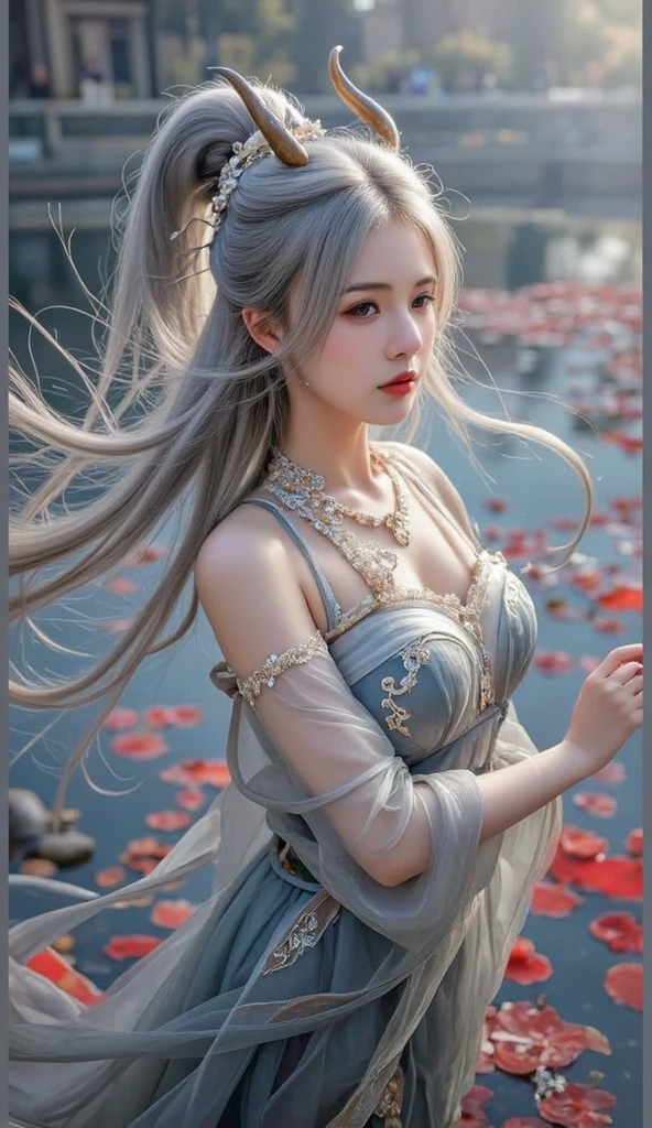 Beautiful and delicate silver long hair、Beautiful eyes、Beautiful lips with transparency、White dress with chest exposed、Gold and Jewel ,No bra, , hip up , pose from various angle , outdoor, Beautiful garden , bokeh background , Dramatic lighting