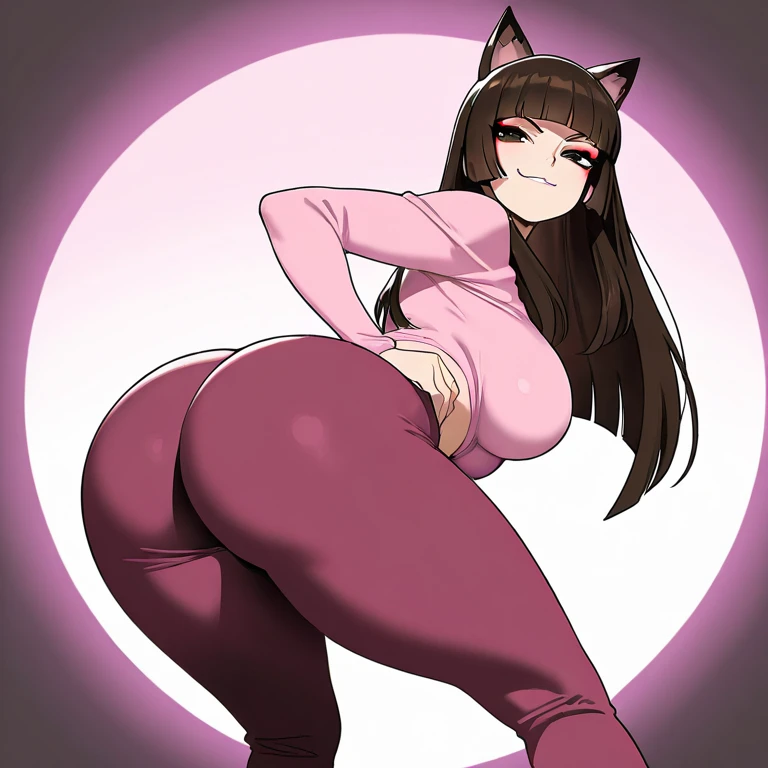 black hair, purple highlights, twin drills, solo, pink eyes,massive breasts, very long hair, wear oversized pink sweater and red leggings, masterpiece, ultra high quality, sfw