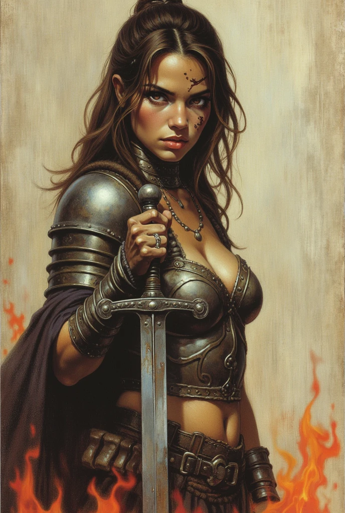 Realistic image of a woman in armor holding two swords and a sword, pinup. lord of daggers, female knight bikini armor, inspired by Clyde Caldwell, of a beautiful female knight, female knight, bikini armor, warrior woman, by Jason Edmiston, inspired by Earl Norem, beautiful female knight, dorian neckline, zenescope, brooks brand frank frazetta