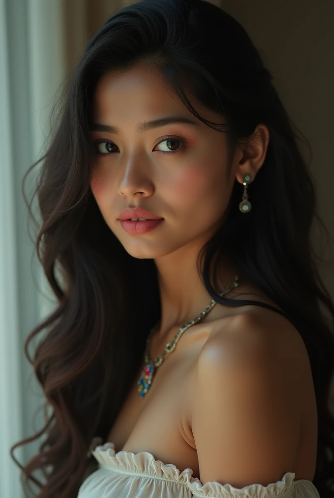 (A half-asian, asian-european, woman with black wavy hair in the style of a greek goddess. bronze skin. Aphrodite, goddess, divine aura) (teal and bronze colours) (high contrast background) (wearing ancient jewellery on upper arms, neck, wrists, fingers) (polaroid camera) (RAW photo, nikon, 8k, Super detailed, advanced details, intricate details, Super detailed) (award-winning photo, masterpiece) (on a deserted Mediterranean beach) (walking away from the viewer into the sea, letting her clothes fall to the water) (showing her round ass) (foot prints on the sand, ) ((shot from behind))