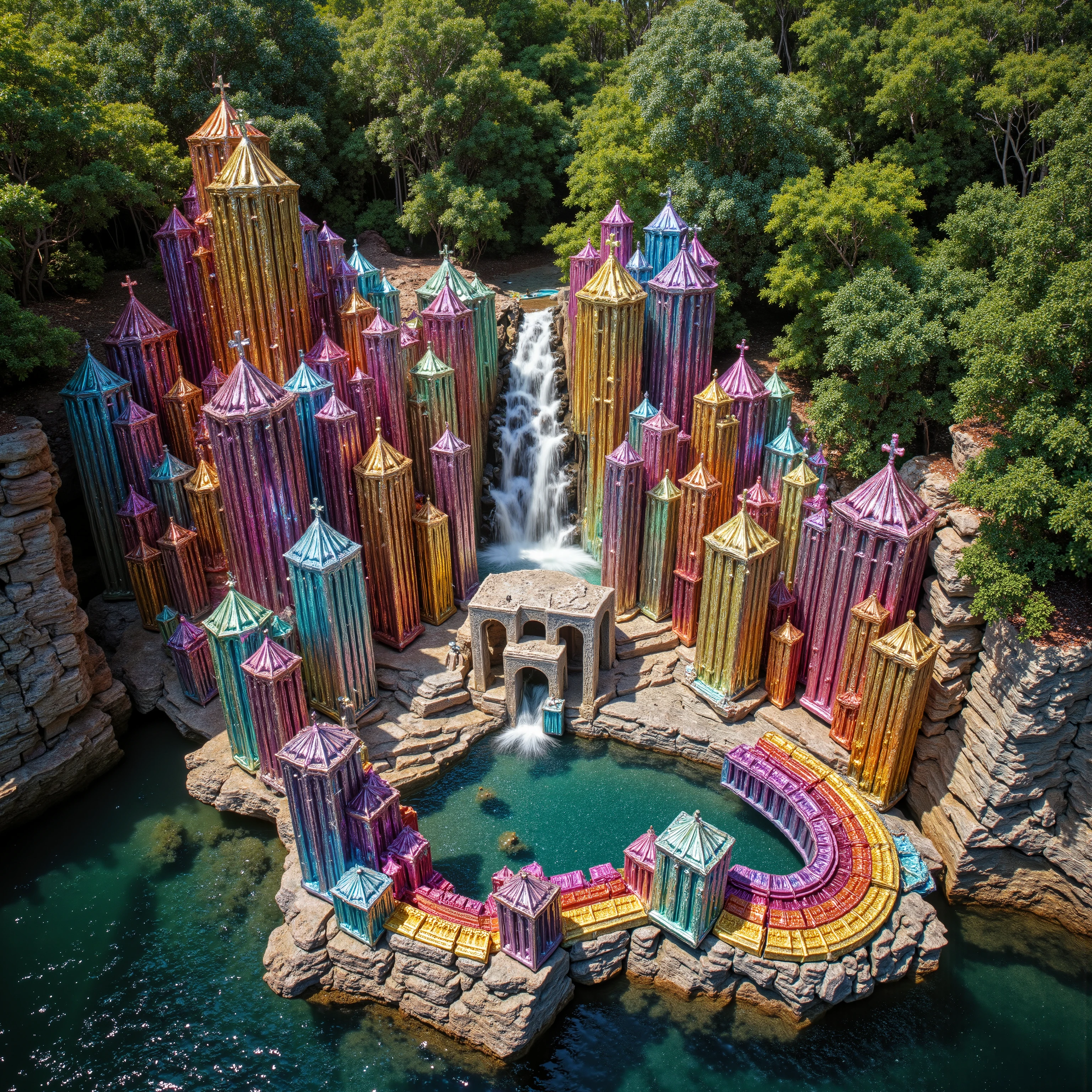 A cliff that is 300 feet tall made up of gigantic quartz crystal points that are multicolored translucent pillars in a tropical rainforest. In the middle of these skyscraper sized quartz crystals is an incredible gushing cascading waterfall that pours into a beautiful lagoon that is lined with smaller quartz crystals 20 to 40 feet tall. In the center up on rock is a church like structure with christian crosses that is made entirely out of quartz crystals. In hues of Pink, Red, Orange, Yellow, Green, Blue, and purple, there are hundreds of quartz crystal formations pointing up and making up the walls of the church, the roof, even the doors. Make sure that they are partially translucent and radiate color in the bright full sunlight. There are thousands of giant quartz crystals in and on the cliffs, in the inside edges of the lagoon, and around the waterfall, and the church, just like a church built in the center of an incredible enormous geode. There are other animals and birds everywhere. Giant insects are all over the place, too. Prehistoric life in its natural form. A jungle with life in every direction. Breathtakingly beautiful, stunning, Awe Inspiring, An Awesome Site! If you get it right! 8K Octane, Action Painting, Cinematic, Cinematography, Conceptual Art, Digital Art, Fujicolor, Ultra-realistic Photorealistic, Portrait Photography, Surrealism, Unreal Engine, Sparkle on crystals, Cinematic Lighting, Glowing Light, Reflection, Ray Tracing, God Rays, Perspective: up close, macro photography, Ultra bloody and gorey, UHD, Super Detailed, Best Quality, Award Winning, MasterpieceSolo,