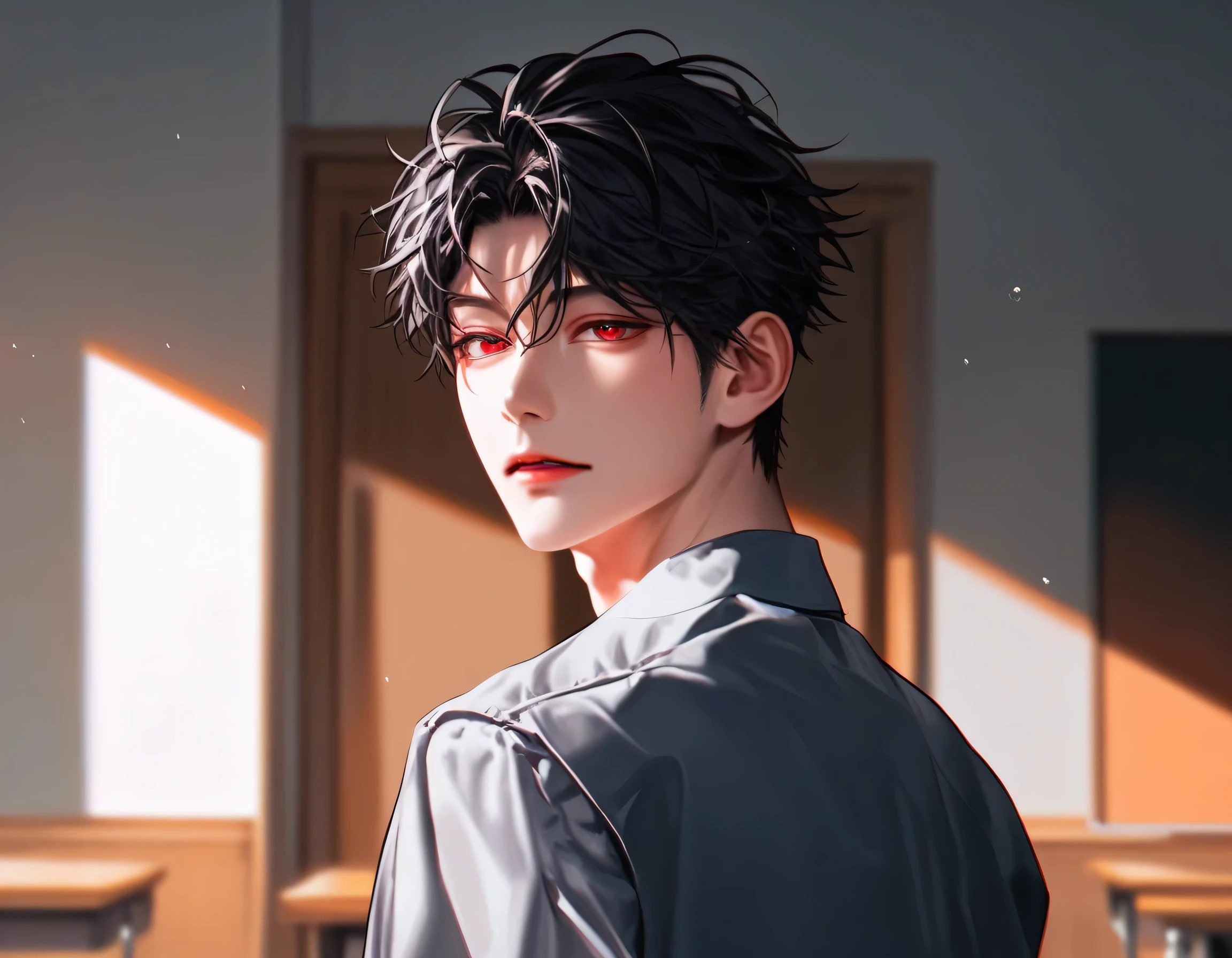 A boy,School Classroom Background,Stand Up Straight,red hair,Korean comic style,hair, red eyes,Young and energetic, Good Condition Korean School Uniform Gray School Uniform, Strong , Very handsome, Smooth skin , very handsome face,Tattoo,wet hairstyle ,charming eyes, Very handsome,,look in the mirror