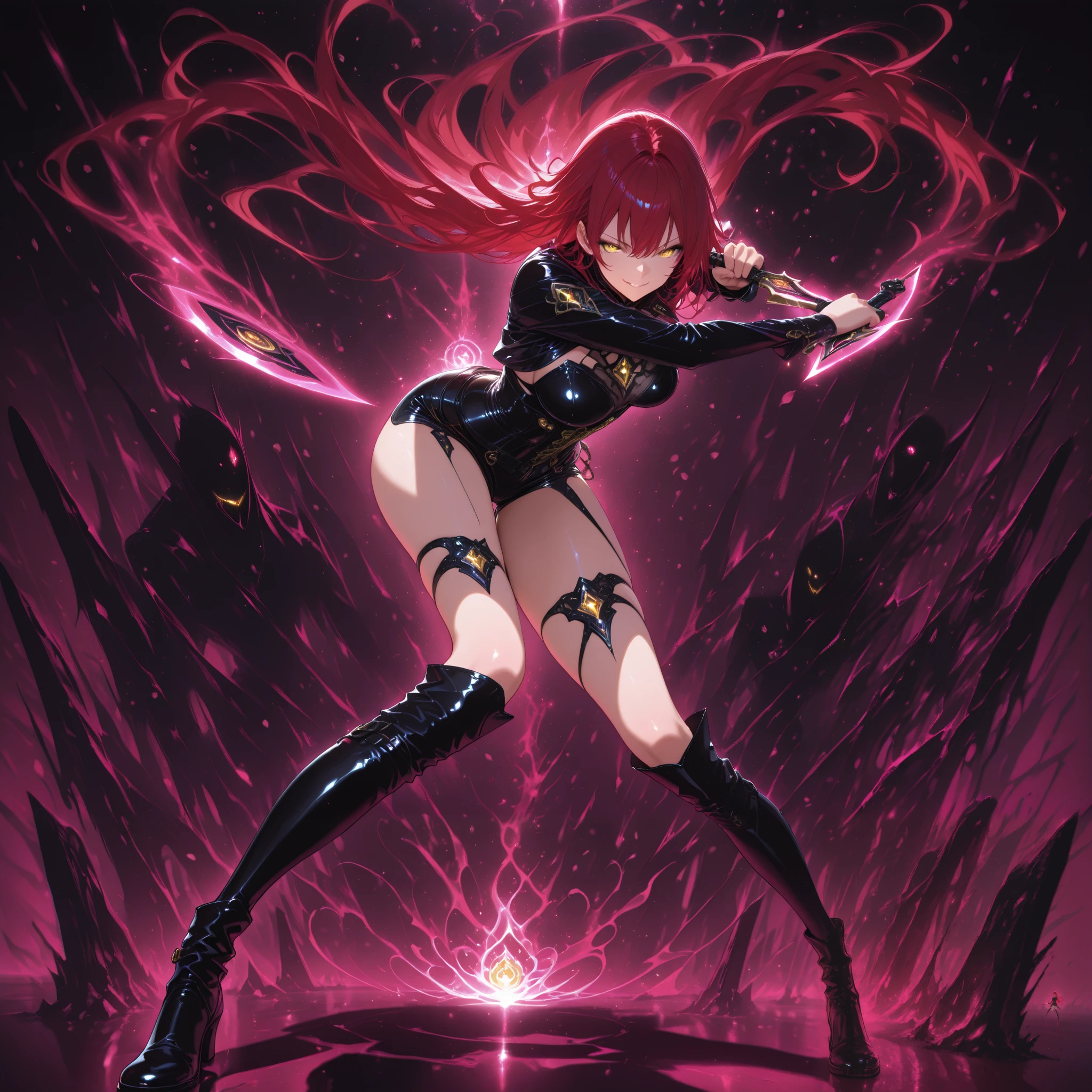 illustration, cinematic light, highres, highest quallity, ultra detailed, detailed face, (detailed eyes), best quality, hyper detailed, masterpiece, (detailed face), clean face, sexy mature woman wears (torn) leotard , floating cloth, see through, choker, open cloths, nsfw, high heels, red eyes, neon tiny glowing hair ends, dark fantasy forest, glowing plants with neon details, dark magic sword, (portal:1.15) to the underworld in the background, light reflection, heart shaped iris, playful eyes, open shoulder, rain, (wet body), tiny glowing butterfly, hair jewery