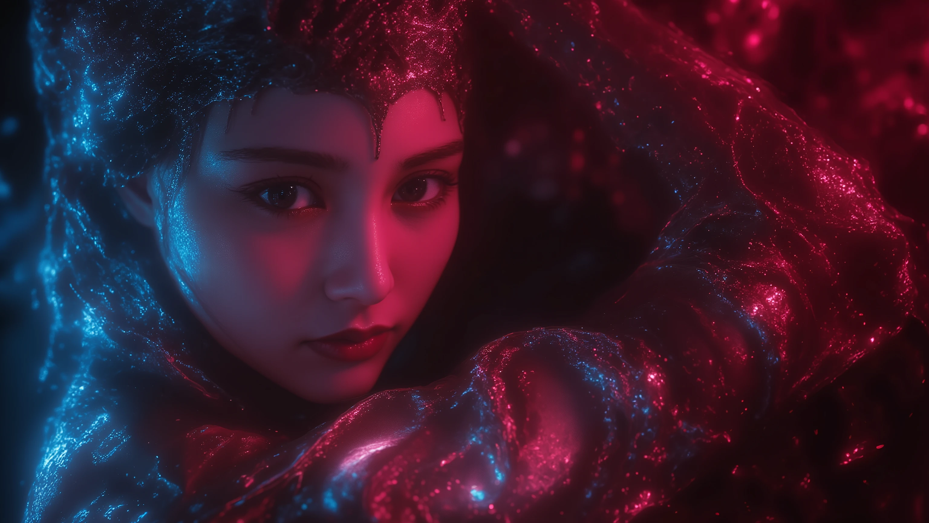 Sexy and Seductive Satanic Girl with a Stunningly Gorgeous, Beautiful, and Perfect HR Gigger Tattoo, completely complete, Super Detailed Vivid Eyes, big breasts, full body view, Nudes, Neon Ruby,