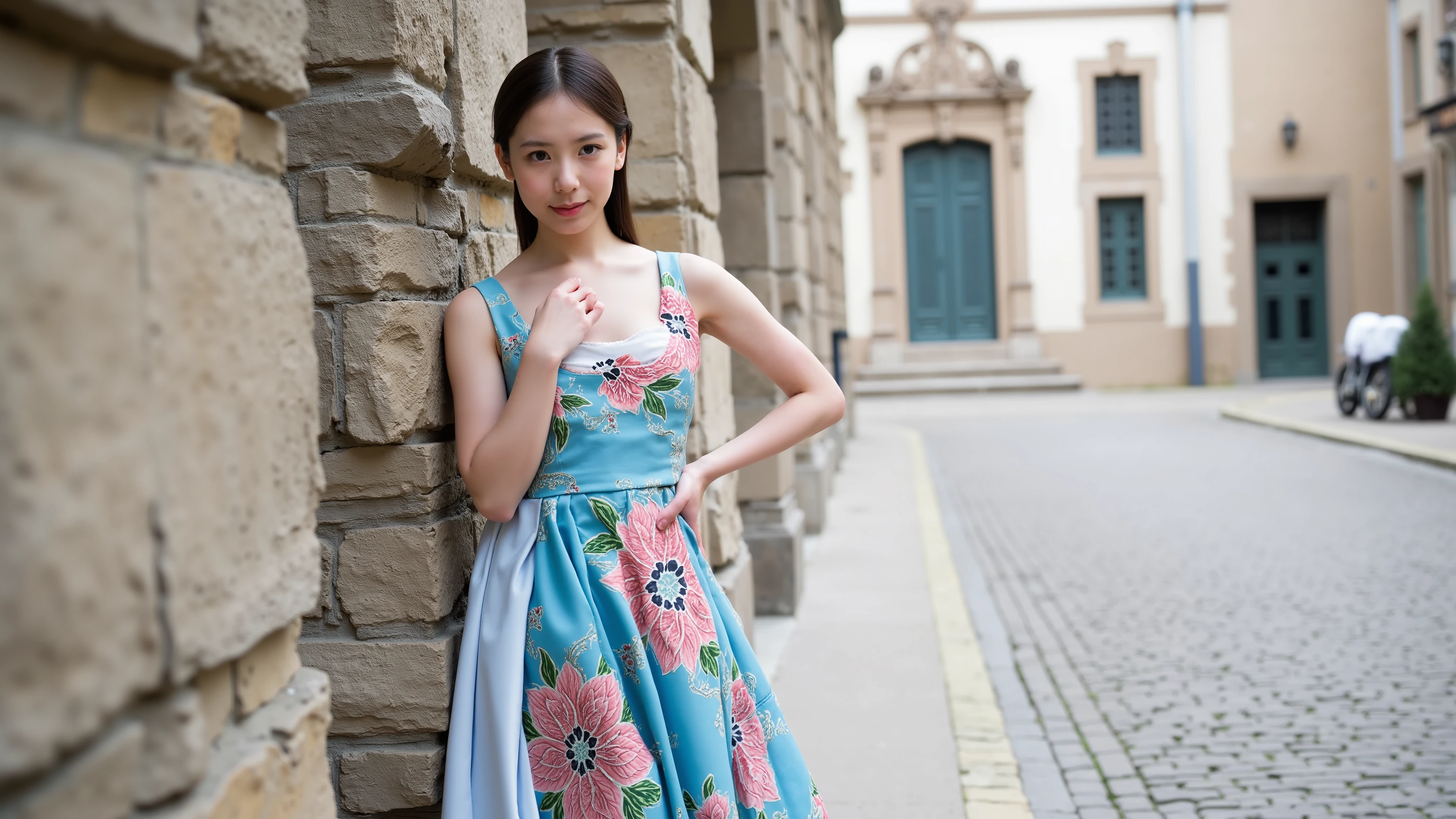 girl cosplay 、European style pose、lean against a wall、Anime Costumes