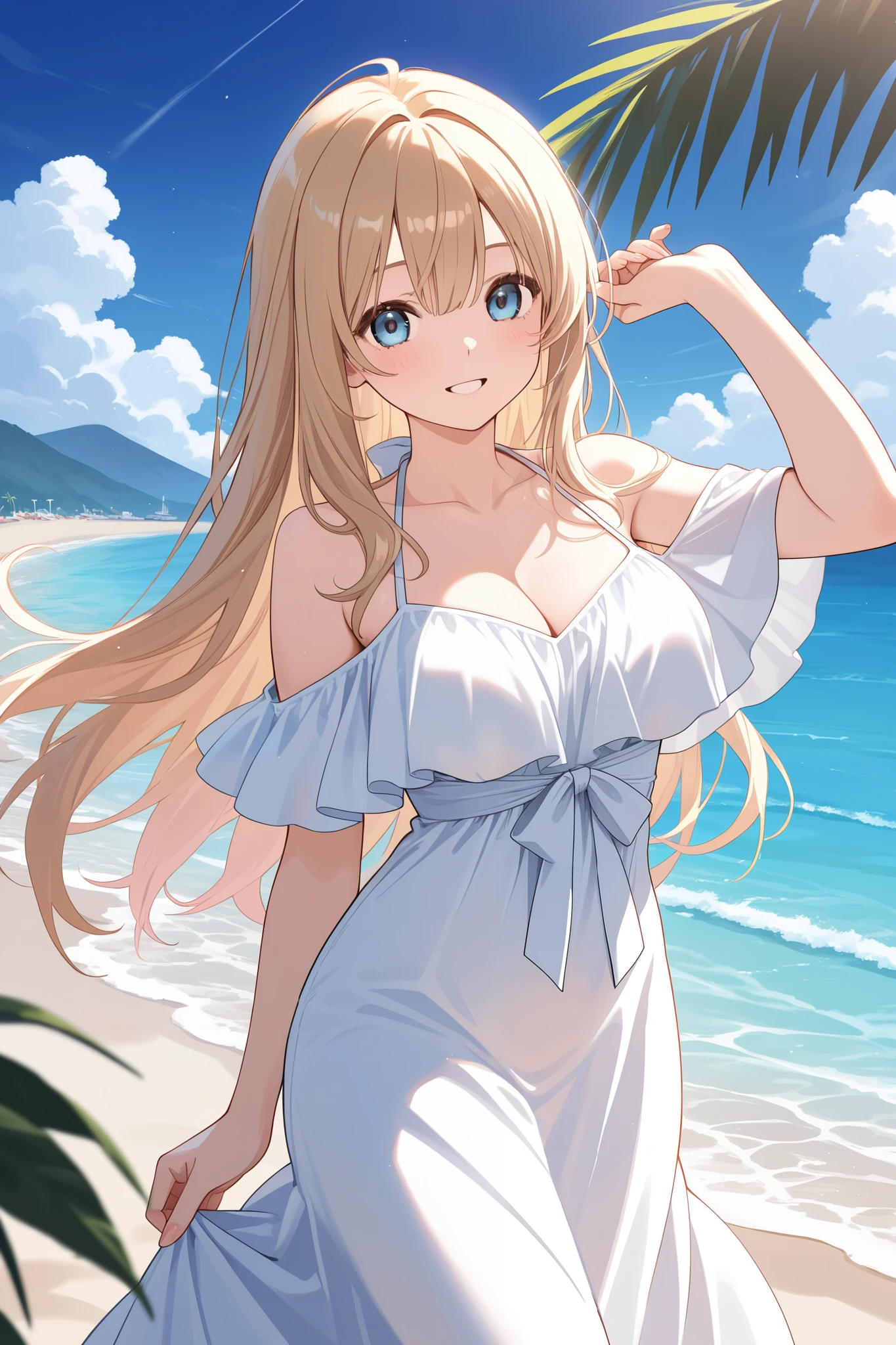 Beautiful girl with heavy long hair bohemian dress beach