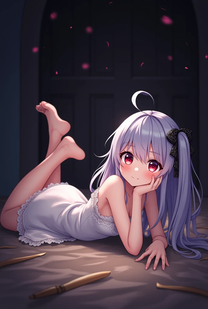 A girl laying on her stomch poking her ass up, anime style ( semi gothic)