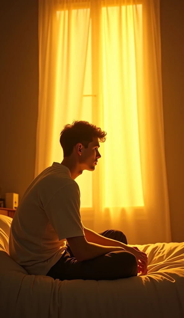 dans un style réaliste, en format carré : Chambre Désertée : Un intérieur minimaliste et désordonné, avec des meubles renversés, des feuilles de papier froissées éparpillées, et une fenêtre ouverte laissant entrer une lumière blafarde. Sur le lit, un homme est assise, la tête baissée et le regard droit, capturant l'idée d'une lutte intérieure, dans des ton jaunâtre comme si un couché de soleil éclairais 