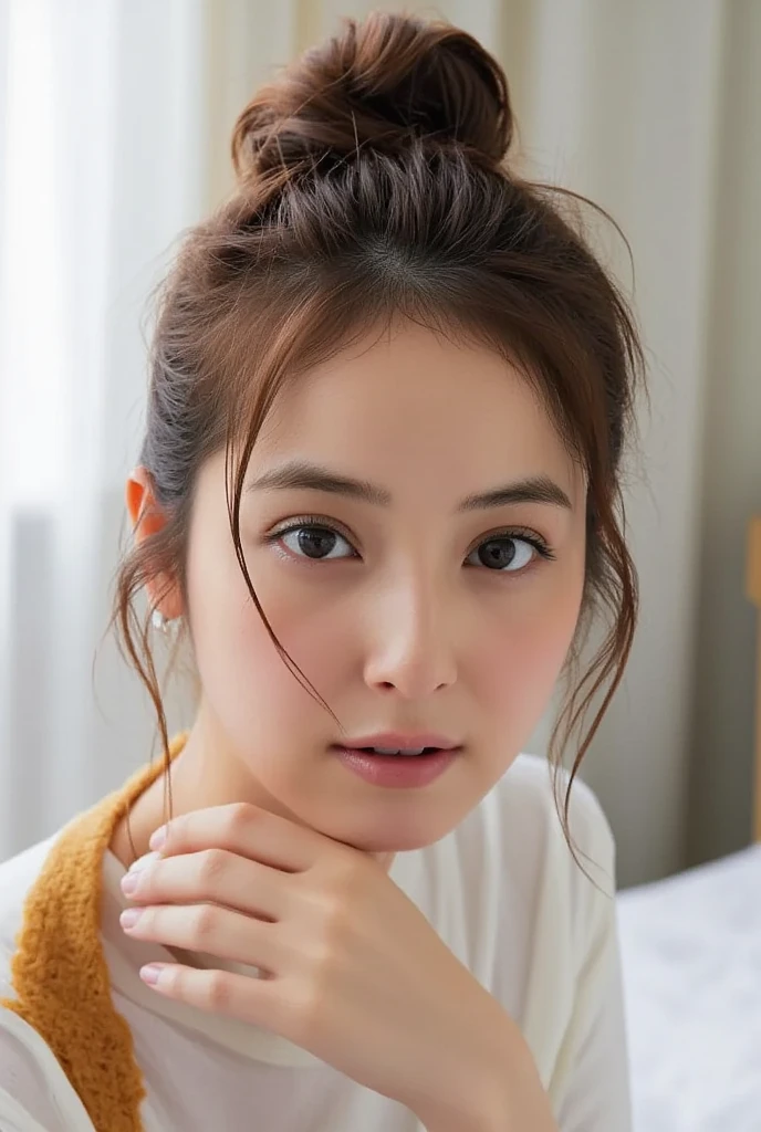 ((highest quality, 8k, Tabletop: 1.3, RAW Photos)), Sharp focus: 1.2, (1. AESPA Girl :1.1), alone, (Realistic, Realistic: 1.37), (Face Focus: 1.1), Cute face, Ultra detailed face, Short, unkempt hair, (Updo: 1.2), Small breasts, Flat Chest, (A neat silk camisole), Hotel Bedroom, (Lying face up on the bed: 1.3), Cinema Lighting, thigh