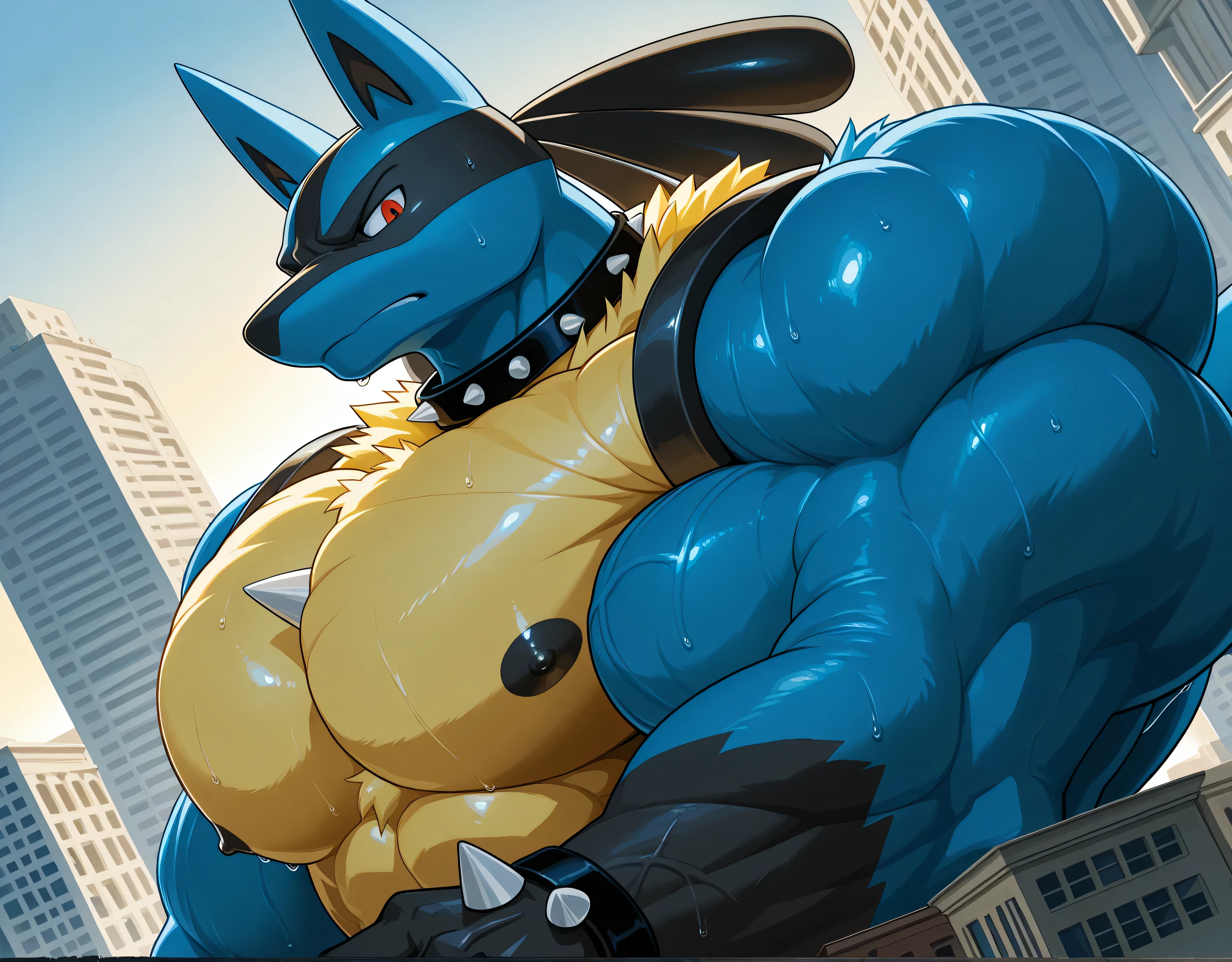 detailed background, low view, egypt, dutch angle, close up, score_9_up,score_8_up,score_7_up,score_6_up,score_5_up,score_4_up, BREAK kemono, bara, furry, 1boy, anthro, lucario, Blue Fur, Chest Spike, Red Eyes, yellow chest fur with thicker patches on the collar, Spike on Hands, Two tone fur, huge muscular, broad shoulders, male, macro, black collar on neck, tail, male, posing, bedroom eyes, sweaty, huge black nipples, angry, looking at viewer, upper body shot, flexing, growing out of a building