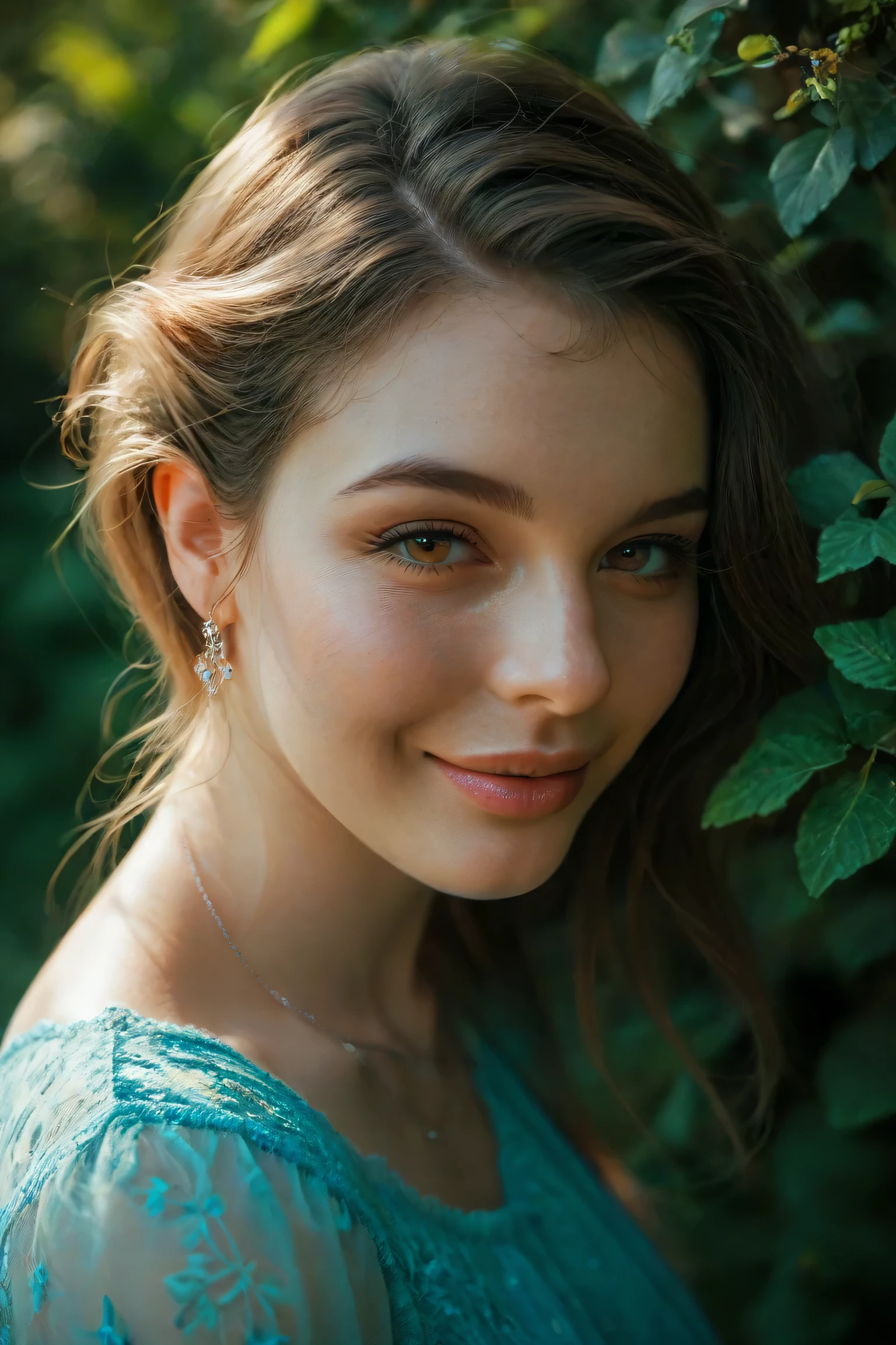 A young woman with sophisticated facial features, that combine they are tender and confident. Her big, eyes shining in a light shade of, express sincere kindness and openness to the world. sharp, but harmonious eyebrow lines emphasize the natural beauty, and her light smile adds a special charm. Thin and neat lips are painted in a natural pink shade, which gives her face freshness and attractiveness. The skin is flawlessly smooth, with a light natural blush, that creates a feeling of innocence and youth. The face has soft , smooth contours, creating harmony in every detail, ultra realism, 4K