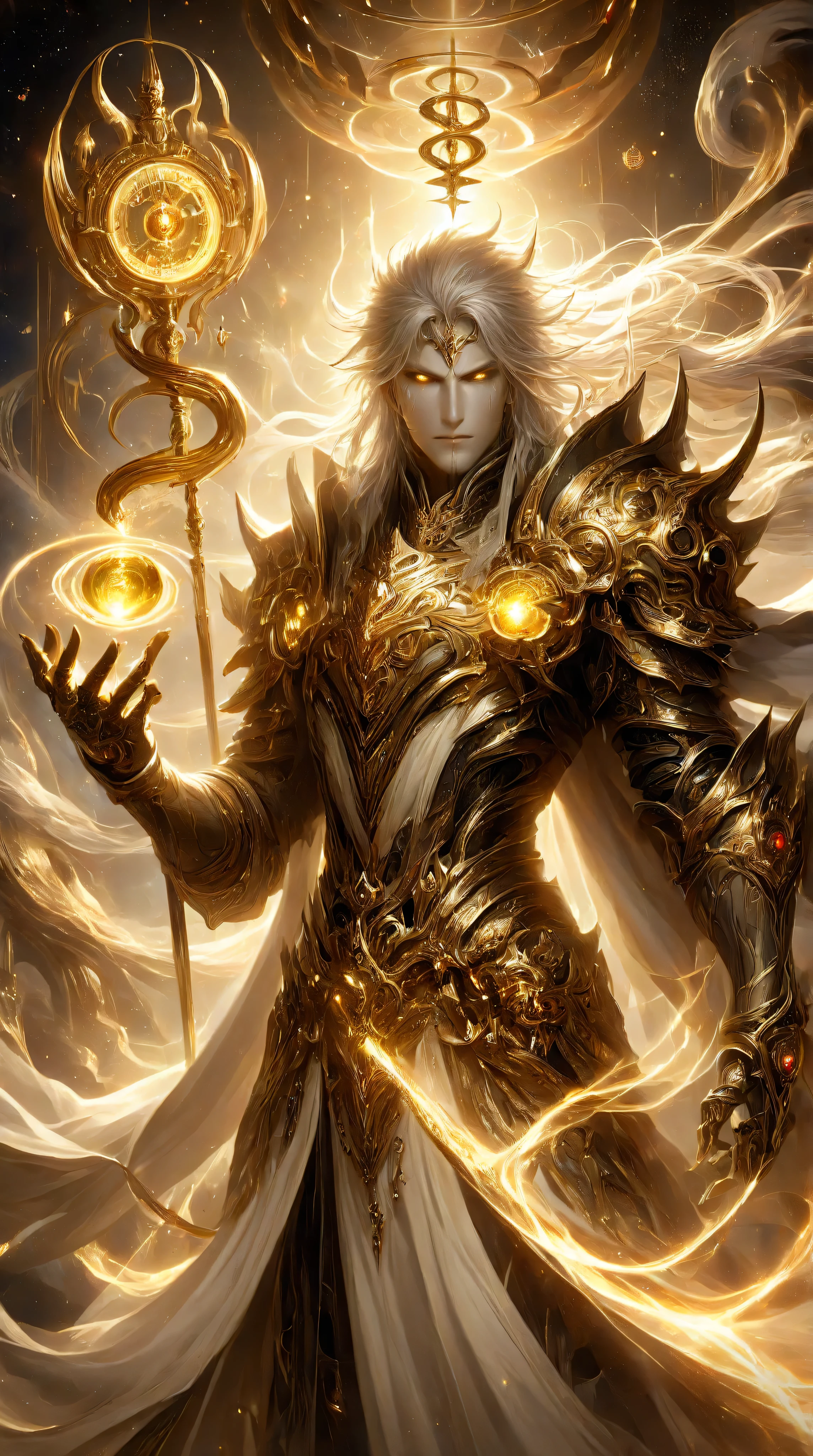 Celestial God of Time and Space, the supreme guardian of eternity, floating in an endless cosmic expanse. His radiant form is adorned in intricate golden and silver robes, woven with shifting constellations and glowing temporal runes. His piercing eyes shine with the wisdom of infinite timelines, reflecting past, present, and future simultaneously. In his right hand, he holds an ornate divine clock, its gears and celestial rings rotating in perfect harmony, each tick resonating across dimensions. In his left hand, a swirling vortex of time energy bends reality, distorting space itself. Around him, floating hourglasses, cosmic rifts, and celestial orbits spiral in synchronized motion. His aura pulses with the essence of time itself, bending light and matter in elegant waves. Dramatic volumetric lighting, ultra-detailed textures, cinematic fantasy composition, divine and omnipotent presence, masterpiece.